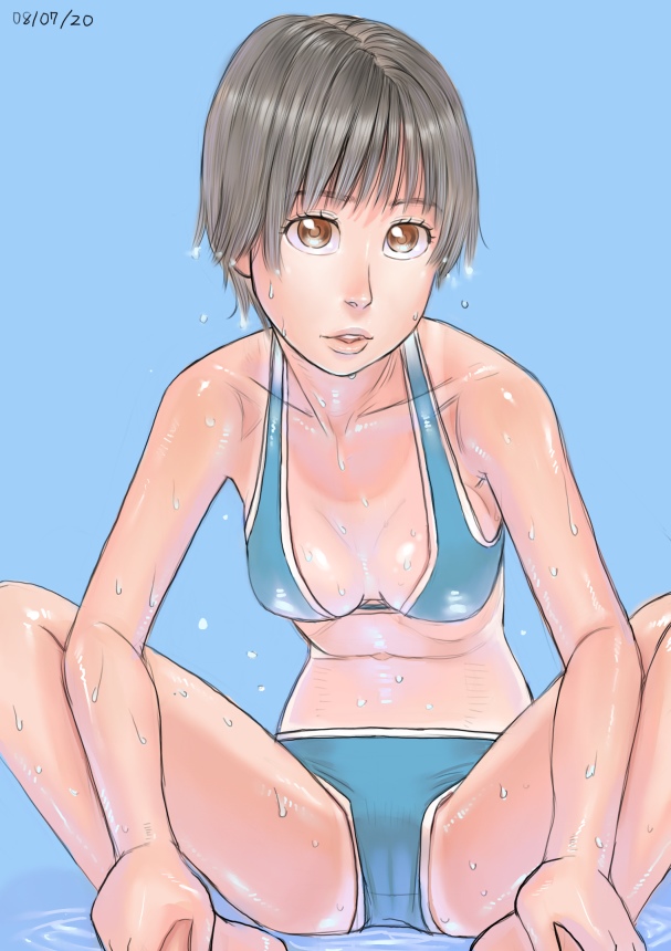 zenkou, ayumu (zenkou), original, 1girl, bikini, blue background, blue bikini, breasts, brown eyes, cameltoe, dated, downblouse, female focus, looking at viewer, one-piece tan, parted lips, ripples, shiny skin, short hair, simple background, sitting, small breasts, solo, spread legs, swimsuit, tan, tanline, wet