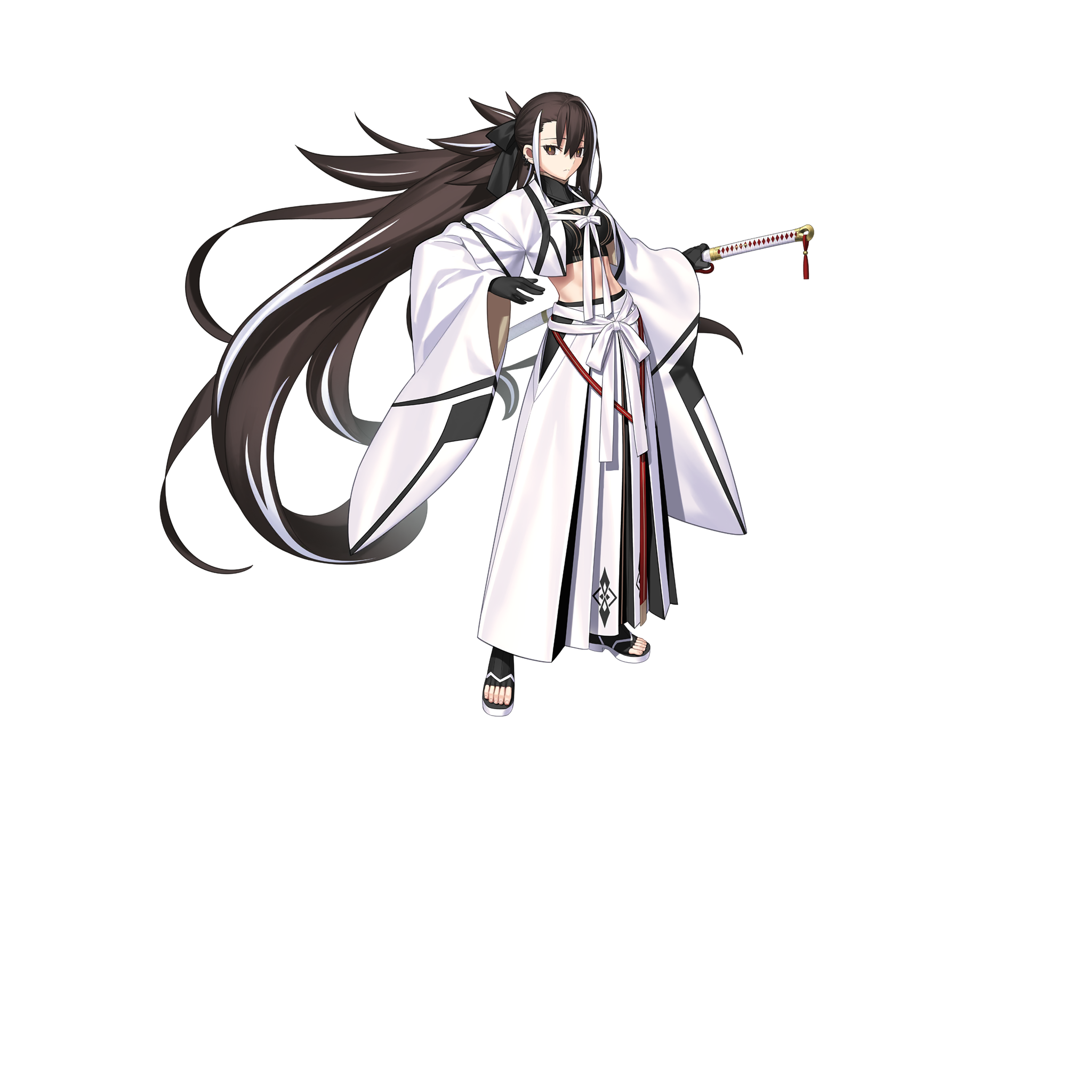 takeuchi takashi, kawakami gensai (fate), fate/grand order, fate (series), highres, large variant set, official art, third-party source, variant set, 1girl, black gloves, brown eyes, brown hair, crop top, full body, gloves, hair ribbon, hakama, haori, holding, holding sword, holding weapon, japanese clothes, japanese hat, katana, kawakami gensai (third ascension) (fate), long hair, looking at viewer, midriff, multicolored hair, navel, ponytail, ribbon, shirt, shoes, solo, standing, streaked hair, sword, tachi-e, transparent background, two-tone hair, weapon, white hair, white hakama, white haori, white ribbon