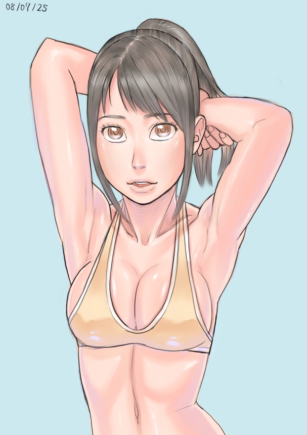 zenkou, original, armpits, bikini, black hair, brown eyes, ponytail, solo, swimsuit