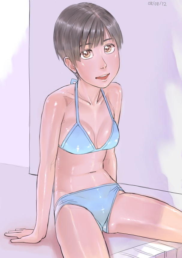 zenkou, ayumu (zenkou), original, 1girl, arm support, bikini, black hair, blue bikini, breasts, brown eyes, dated, female focus, head tilt, looking at viewer, navel, open mouth, poolside, shiny skin, short hair, sitting, smile, solo, swimsuit