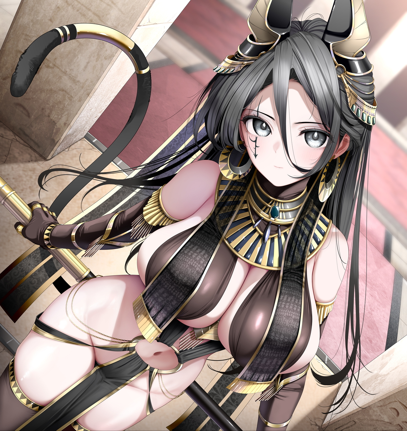 fed (giba), original, highres, 1girl, ancient egyptian clothes, animal ears, armlet, bare shoulders, black gloves, black hair, black thighhighs, blurry, blurry background, bracelet, breasts, earrings, elbow gloves, facial mark, gloves, gold, gradient hair, grey eyes, grey hair, hair between eyes, hoop earrings, jackal ears, jewelry, large breasts, long hair, looking at viewer, multicolored hair, navel, o-ring, pelvic curtain, revealing clothes, solo, thighhighs, usekh collar