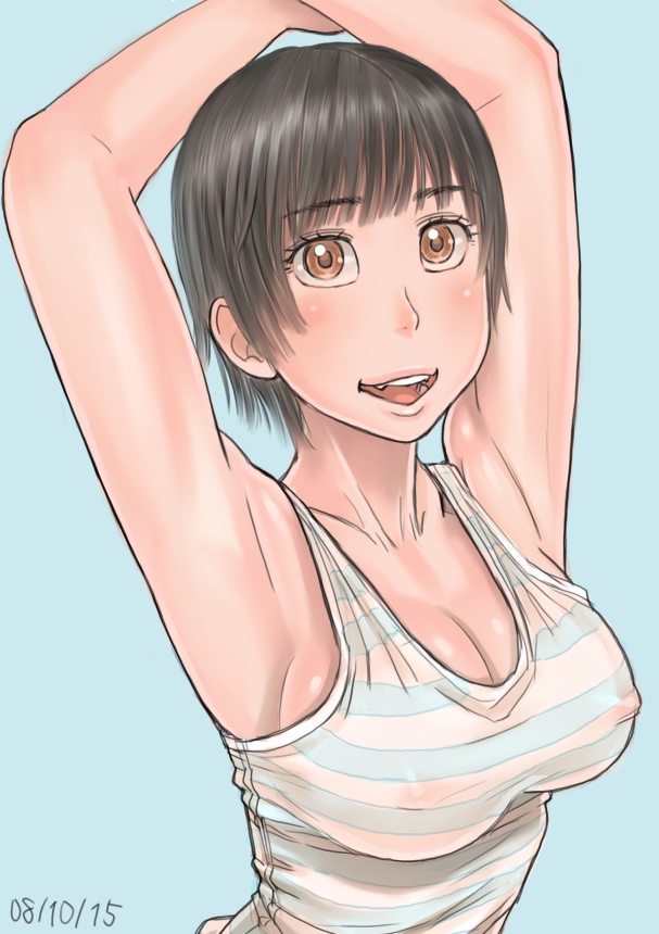 zenkou, ayumu (zenkou), original, striped, 1girl, armpits, black hair, blue background, blush, breasts, brown eyes, cleavage, covered erect nipples, dated, female focus, looking at viewer, open mouth, see-through clothes, short hair, simple background, smile, solo, tank top, taut clothes