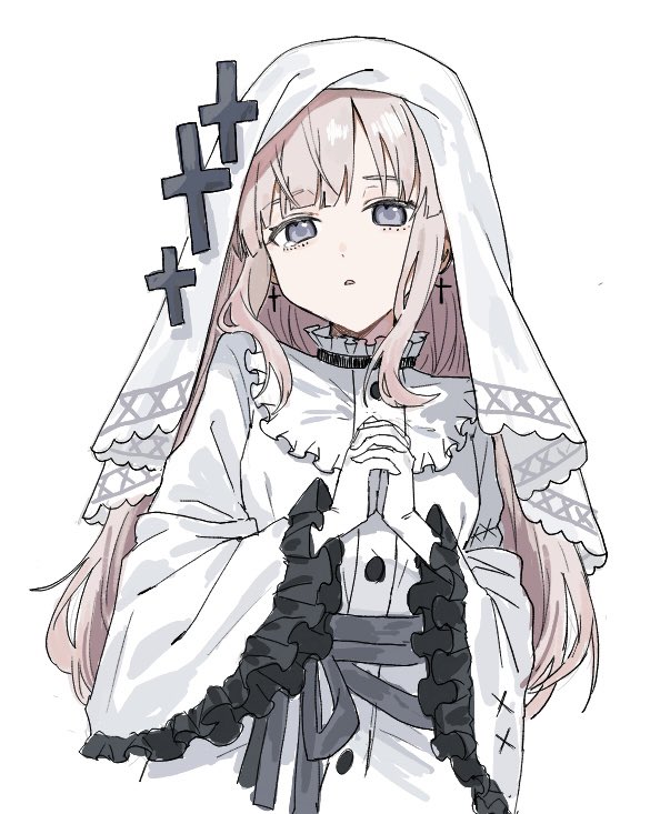 haruharu sensei, hikami meruru, mahou shoujo no majo saiban, hashtag-only commentary, 1girl, cross, cross earrings, dress, earrings, frilled dress, frilled sleeves, frills, gloves, grey eyes, hands up, interlocked fingers, jewelry, long hair, long sleeves, looking at viewer, magical girl, own hands together, priestess, simple background, solo, upper body, veil, white background, white dress, white gloves, white veil