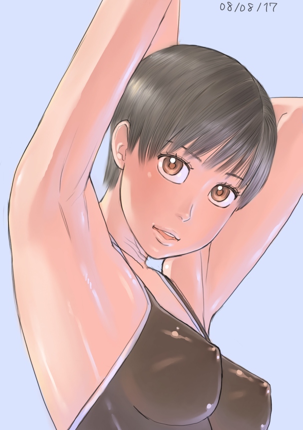 zenkou, ayumu (zenkou), original, 1girl, armpits, black hair, blue background, breasts, brown eyes, covered erect nipples, dated, female focus, head tilt, impossible clothes, looking at viewer, open mouth, shiny skin, short hair, simple background, solo, sports bra, tank top, upper body