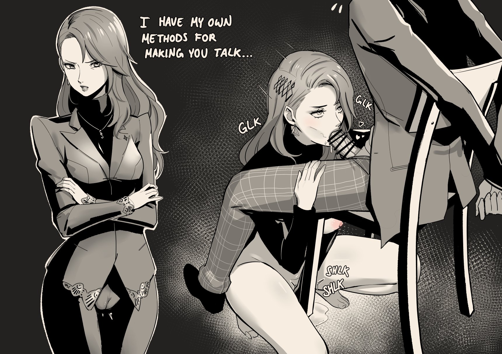 fourtyeightart, niijima sae, persona, persona 5, tagme, bdsm, bondage, bound, breasts, chair, fellatio, female masturbation, masturbation, nipples, oral
