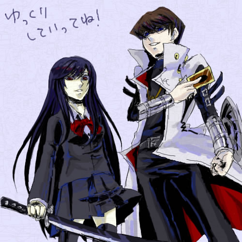 kaiba seto, katsura kotonoha, niconico rpg, school days, yu-gi-oh!, yu-gi-oh! duel monsters, lowres, 00s, 1boy, 1girl, card, crossover, holding, holding card, yu-gi-oh (card)