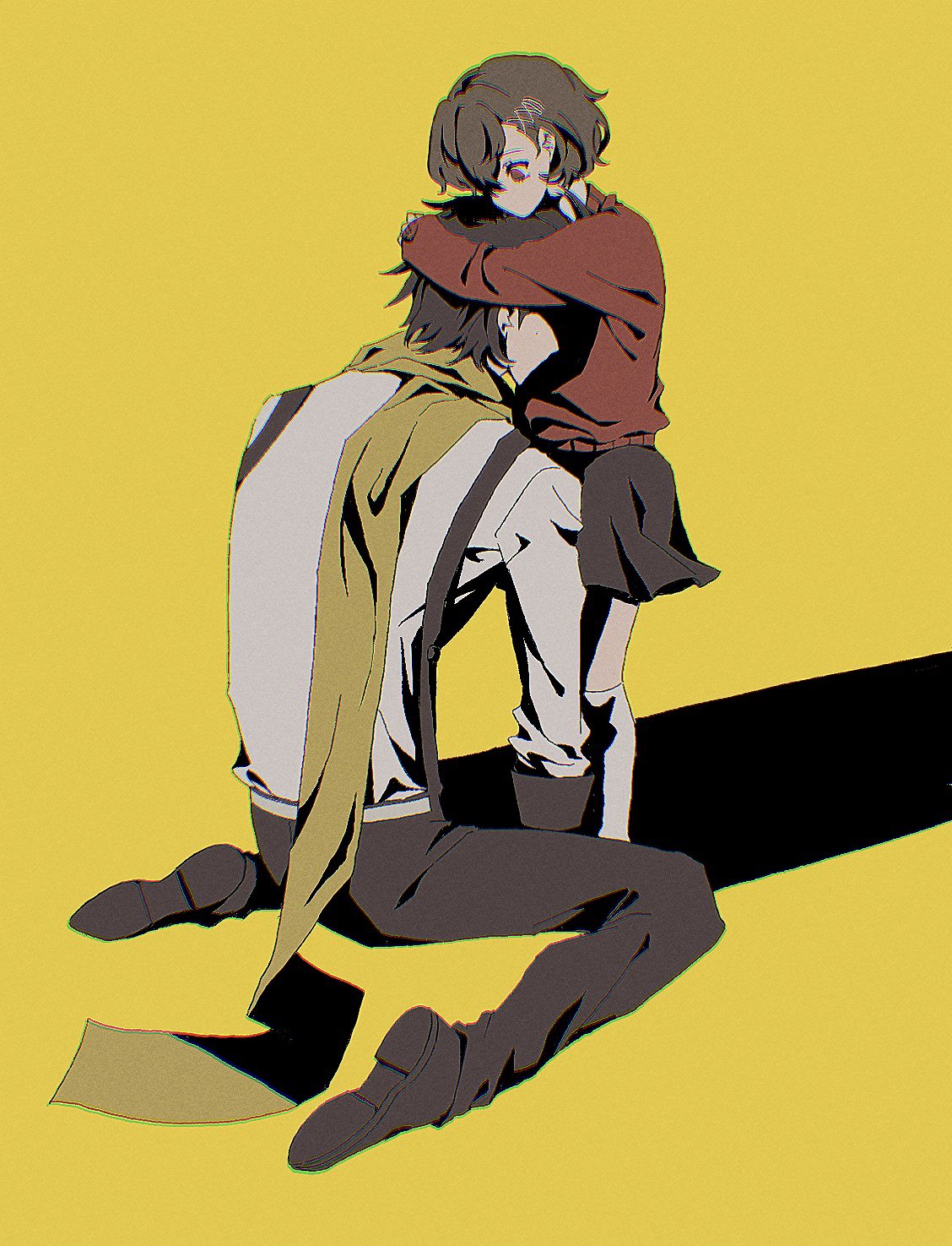 samugasamugatta, mochizuki ryouji, shiomi kotone, persona, persona 3, persona 3 portable, commentary request, hashtag-only commentary, highres, 1boy, 1girl, age difference, aged down, black pants, black shoes, black skirt, brown hair, chromatic aberration, covered eyes, facing another, full body, hair ornament, hairclip, head on chest, hug, kneehighs, looking at another, looking down, mole, mole on cheek, no mouth, no nose, on ground, pants, pleated skirt, red eyes, red sweater, scarf, shadow, shirt, shoes, simple background, sitting, skirt, socks, standing, suspenders, sweater, wariza, white shirt, white socks, yellow background, yellow scarf