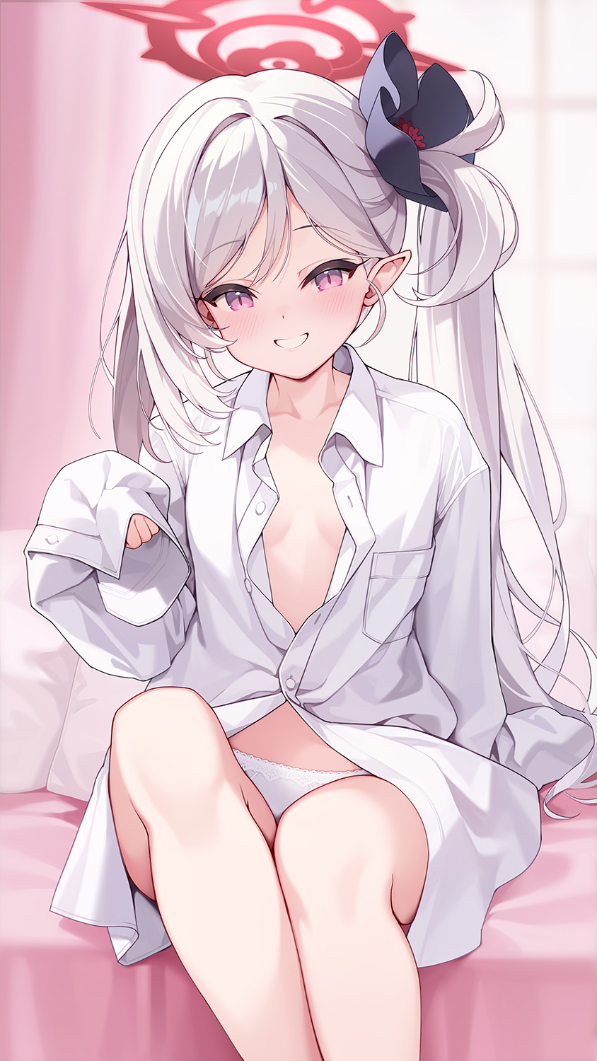 pinki o64, mutsuki (blue archive), blue archive, highres, 1girl, alternate costume, black flower, breasts, collared shirt, flower, hair flower, hair ornament, halo, long hair, looking at viewer, mesugaki, naked shirt, no pants, oversized clothes, oversized shirt, panties, partially unbuttoned, pointy ears, purple eyes, red halo, shirt, side ponytail, sitting, sleeves past fingers, sleeves past wrists, small breasts, smile, solo, underwear, white hair, white panties, white shirt