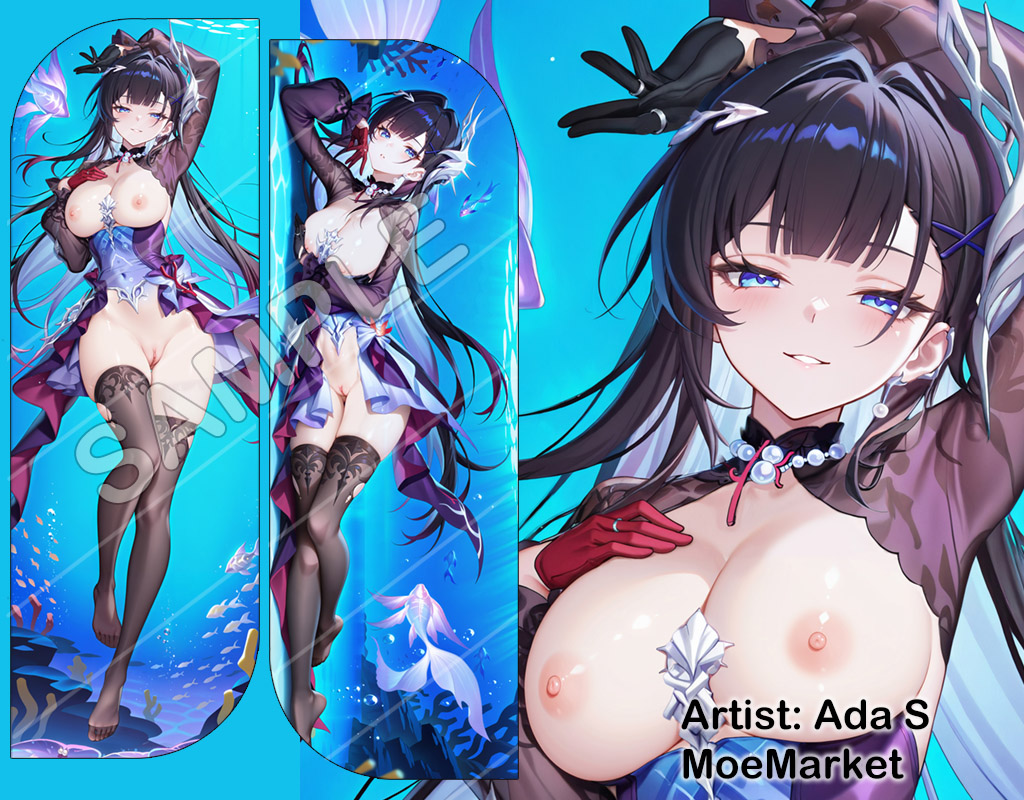 hysilens (honkai: star rail), honkai: star rail, honkai (series), barefoot, black gloves, black hair, blue eyes, breasts, dakimakura (medium), dakimakura (object), detached sleeves, dress, gloves, long hair, looking at viewer, nipples, pillow, pussy, red gloves, thighhighs, very long hair