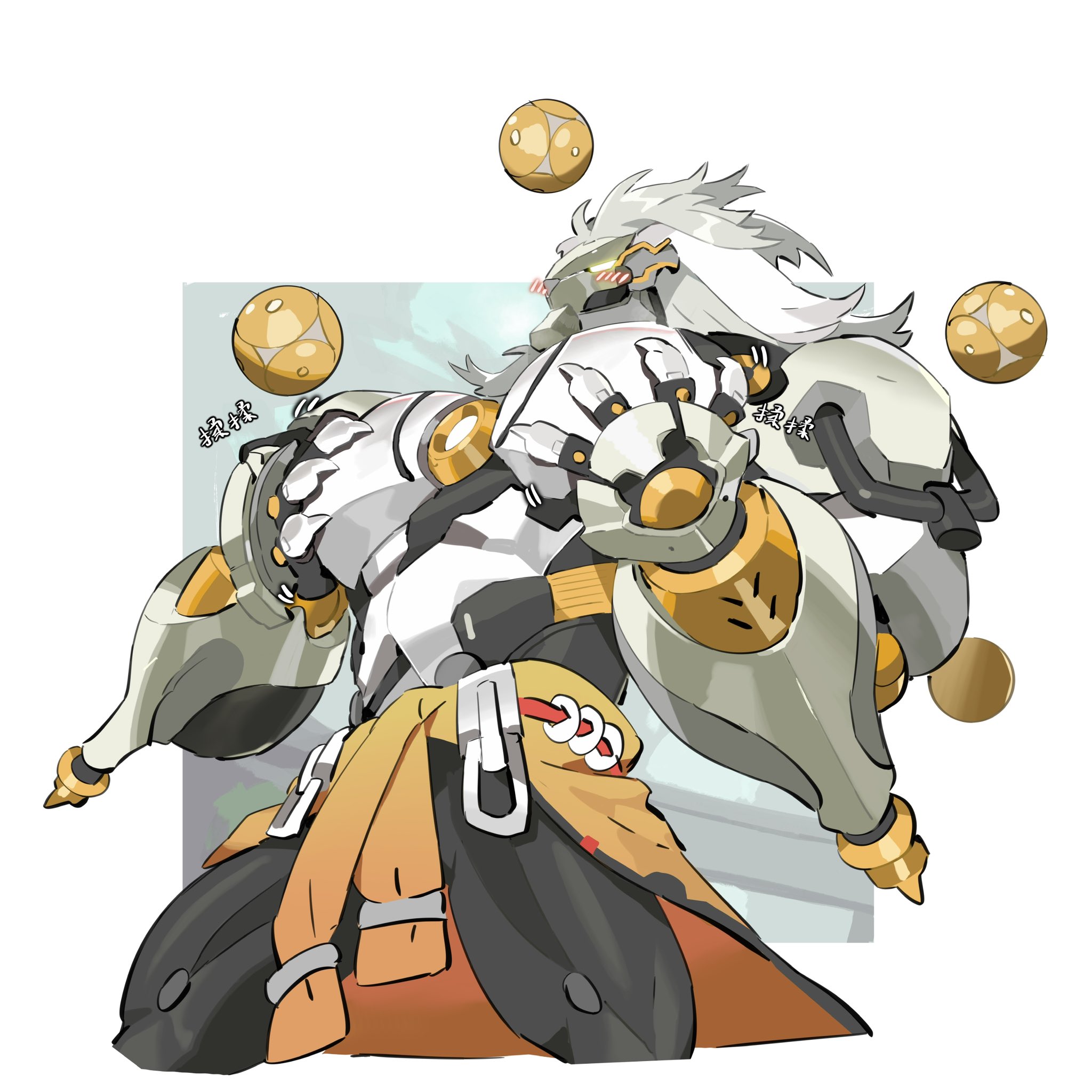 apymian, zenless zone zero, highres, 1boy, artificial eye, banyue (zenless zone zero), biceps, blush, claws, clothes around waist, coin, coin on string, floating ball, from side, glowing, glowing eyes, humanoid robot, long hair, male focus, mechanical arms, mechanical eye, mechanical hands, mechanical legs, muscular, muscular male, orb, pectorals, robot, robot boy, solo, topless male, white background, white hair