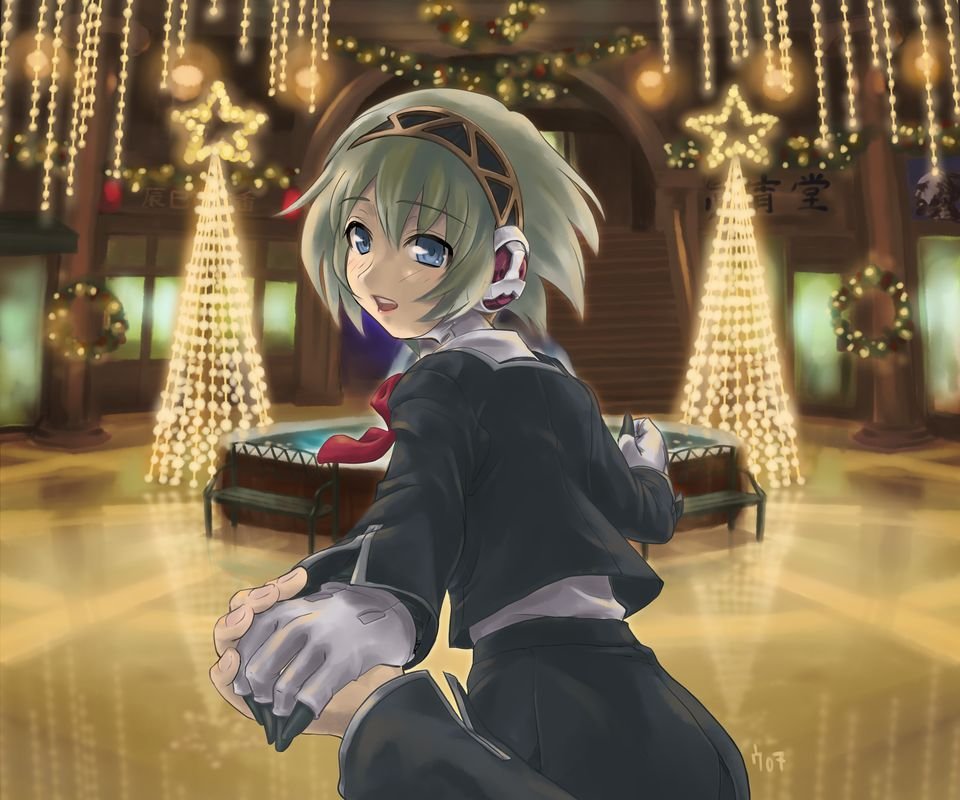 ugai yuichi, aigis (persona), atlus, persona, persona 3, christmas, christmas lights, christmas tree, holding hands, solo focus