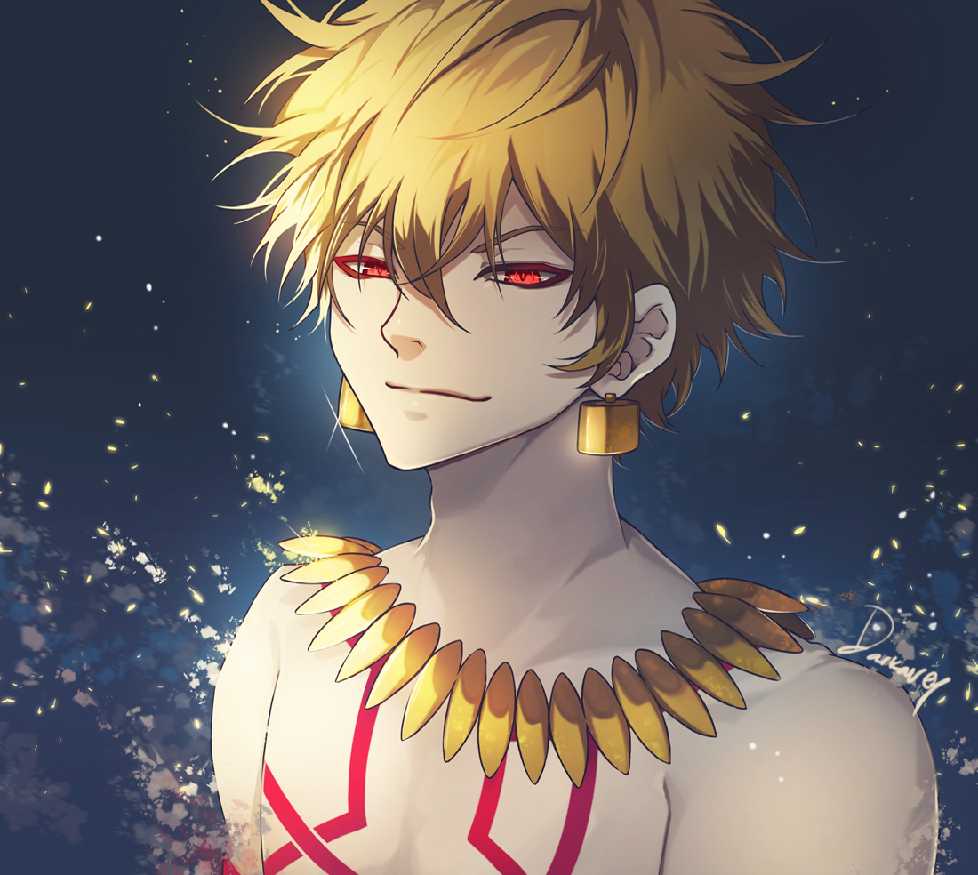 darkavey, gilgamesh (fate), fate/grand order, fate (series), 1boy, artist name, blonde hair, blue background, body markings, closed mouth, cube earrings, earrings, evil smile, gold earrings, gold necklace, hair between eyes, jewelry, looking at viewer, male focus, necklace, red eyes, red pupils, short hair, simple background, smile, solo, sparkle, topless male, upper body, v-shaped eyebrows
