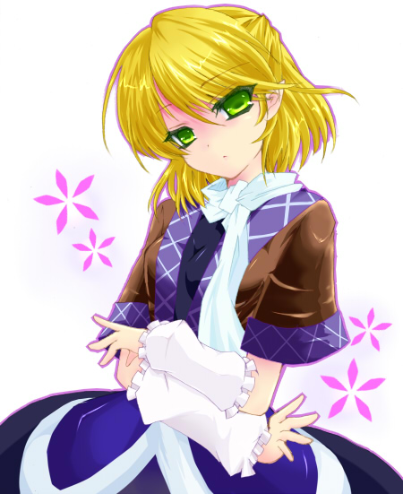 tsuyuri (artist), mizuhashi parsee, touhou, 1girl, arm warmers, blonde hair, female focus, green eyes, half updo, solo
