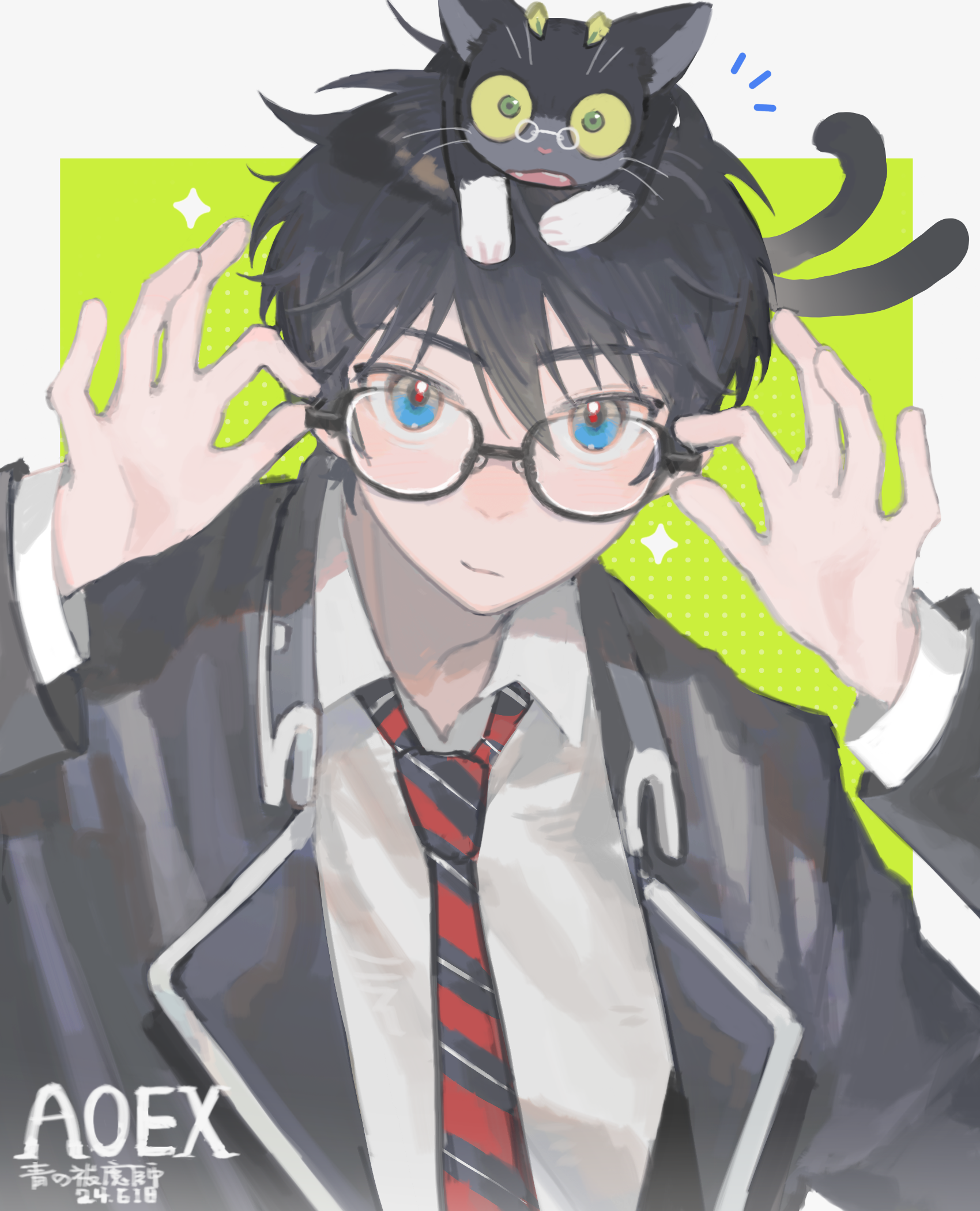 rives, kuro (ao no exorcist), okumura rin, ao no exorcist, highres, 1boy, animal, animal on head, black hair, black jacket, blue eyes, cat, cat on head, glasses, jacket, looking at viewer, multiple tails, necktie, on head, school uniform, sparkle background, striped necktie, tail, two tails