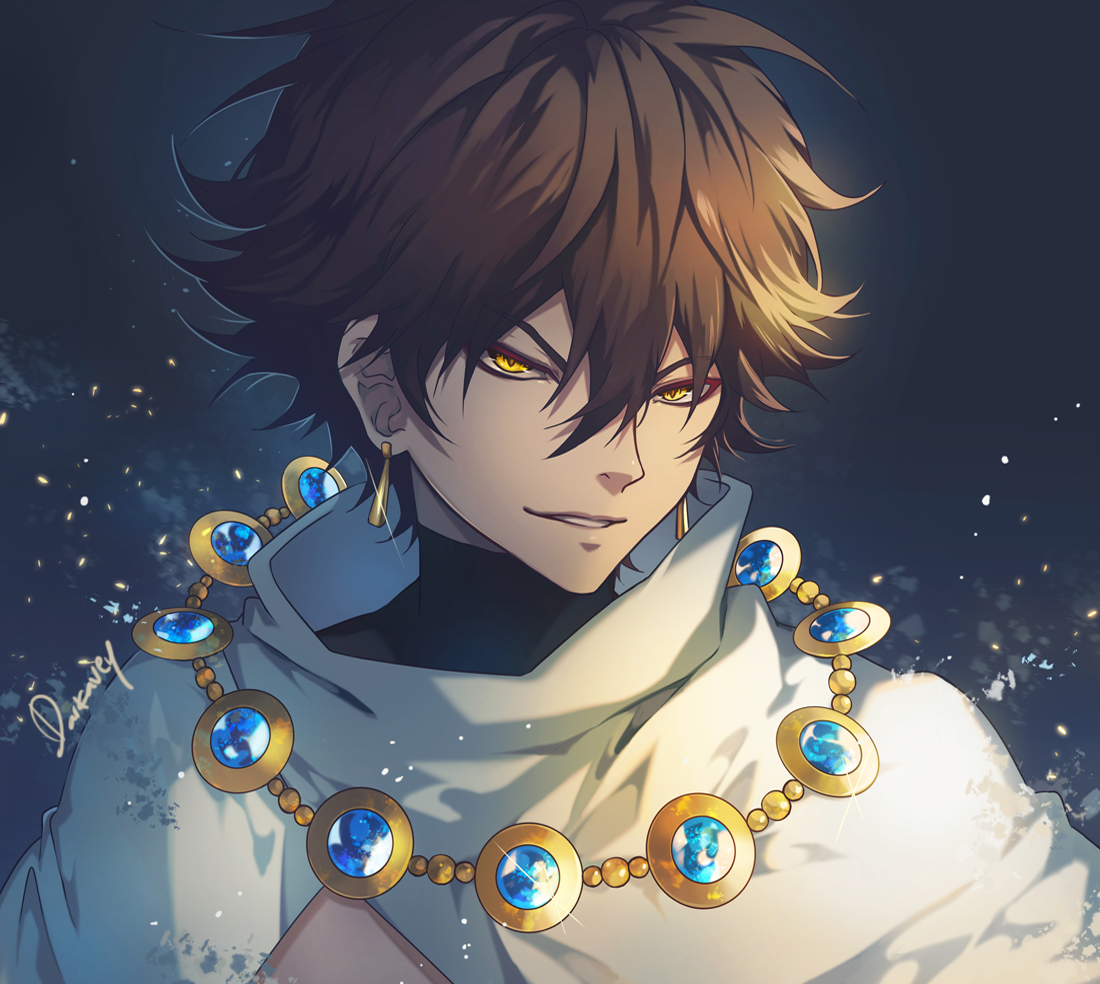darkavey, ozymandias (fate), fate/grand order, fate (series), 1boy, ancient egyptian, ancient egyptian clothes, artist name, black shirt, blue background, blue gemstone, brown hair, cape, dark-skinned male, dark skin, earrings, evil smile, gem, gold earrings, gold necklace, hair between eyes, jewelry, looking at viewer, male focus, necklace, shirt, short hair, simple background, smile, solo, sparkle, teeth, upper body, v-shaped eyebrows, white cape, yellow eyes