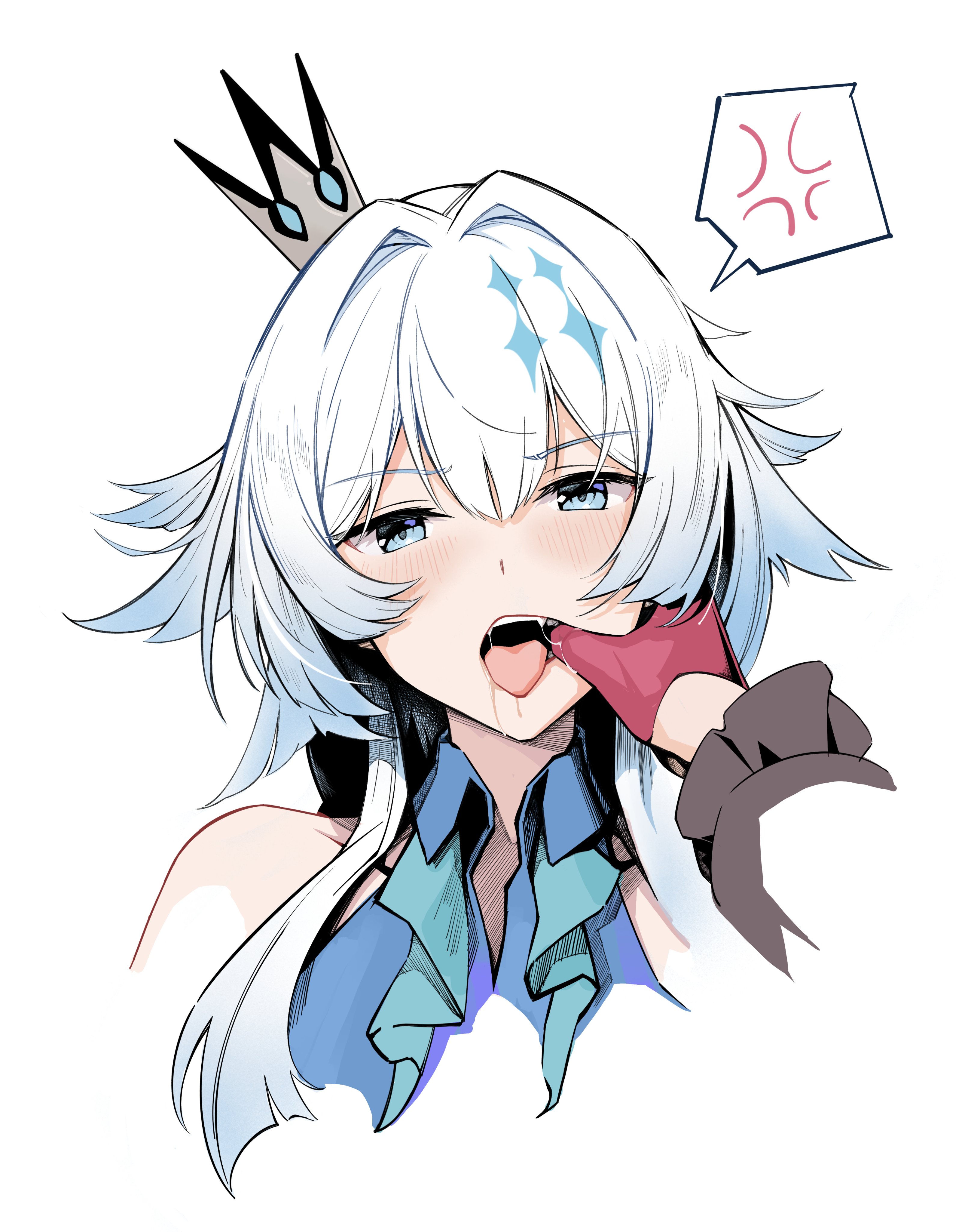 setsu (qjsj1993aa), cerydra (honkai: star rail), hysilens (honkai: star rail), honkai: star rail, honkai (series), absurdres, commentary request, highres, 2girls, anger vein, blue dress, blue eyes, blush, cropped arms, cropped shoulders, crown, dress, drooling, fangs, finger in another's mouth, gloves, hair intakes, long hair, looking at viewer, mini crown, multiple girls, open mouth, red gloves, saliva, simple background, solo focus, spoken anger vein, tongue, tongue out, white background, white hair, yuri