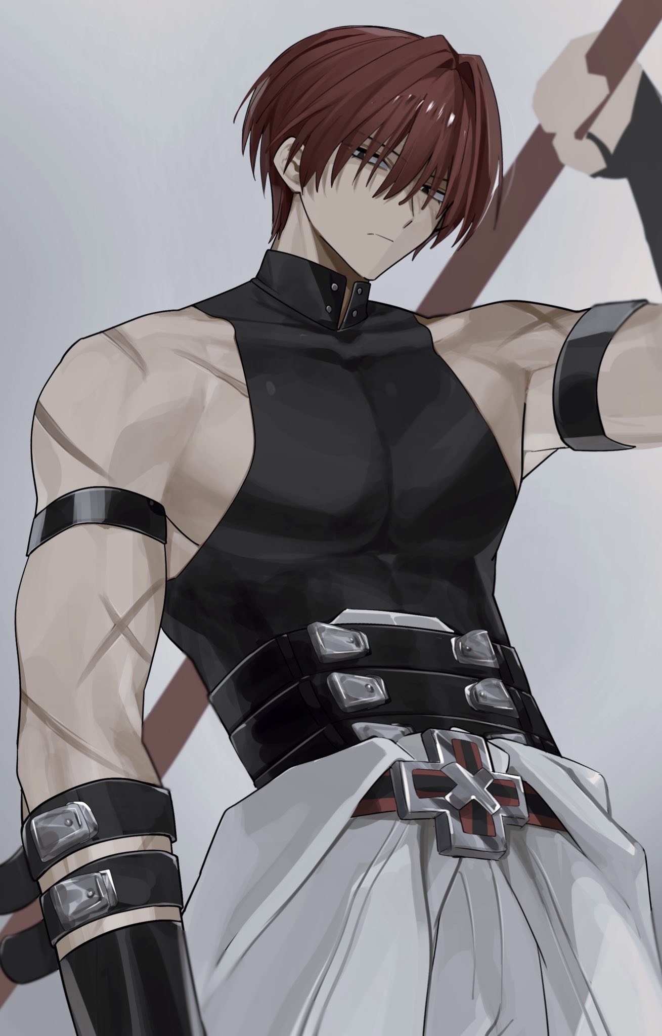 tokoni fusu, fate/grand order, fate (series), highres, 1boy, armband, belt, black belt, black eyes, black gloves, gloves, grey background, harada sanosuke (fate), holding, holding polearm, holding weapon, looking at viewer, male focus, multiple scars, polearm, red hair, scar, scar on arm, shirt, short hair, simple background, sleeveless, sleeveless shirt, solo, toned, toned male, upper body, weapon