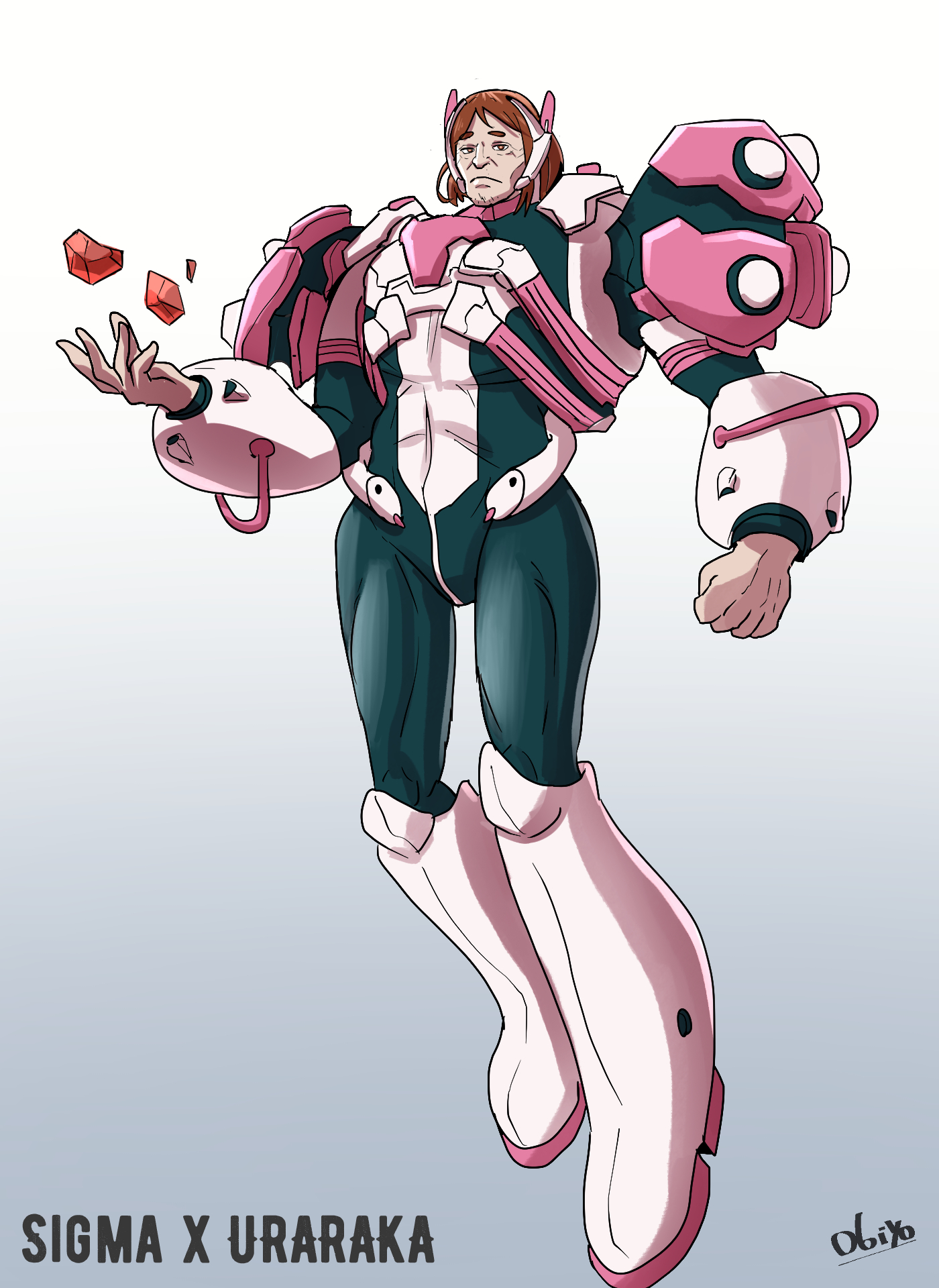 juno (overwatch), sigma (overwatch), uraraka ochako, boku no hero academia, overwatch, commentary, english commentary, highres, 1boy, abs, aqua bodysuit, arm armor, armor, artist name, bodysuit, boots, bright pupils, brown eyes, brown hair, character name, clenched hands, closed mouth, cosplay, expressionless, full body, gradient background, headset, juno (overwatch) (cosplay), knee boots, looking at viewer, mature male, medium hair, obiyo 333, pink boots, rock, shoulder armor, skin tight, solo, thick eyebrows, uraraka ochaco (cosplay), uravity juno