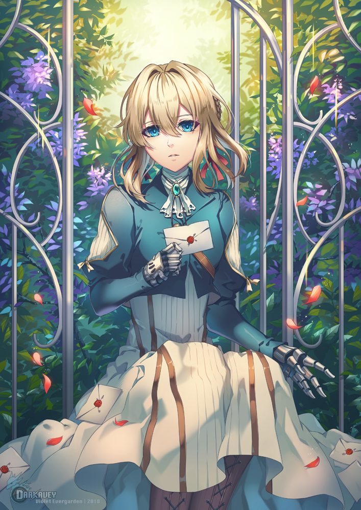 darkavey, violet evergarden, violet evergarden (series), commentary, english commentary, 1girl, aqua gemstone, artist name, ascot, blonde hair, blue eyes, blue shirt, boots, bow, braid, branch, brown boots, bush, closed mouth, day, dress, envelope, gate, gauntlets, gem, grey armor, hair between eyes, hair bun, hair ribbon, hand up, holding, holding envelope, juliet sleeves, lips, long sleeves, looking at viewer, outdoors, petals, puffy sleeves, red ribbon, ribbon, shirt, short hair, sidelocks, sitting, sky, solo, watermark, white ascot, white bow, white dress, yellow sky