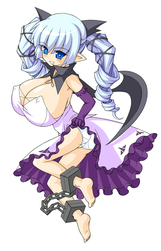 miyata gakuman, uni (arekishi), original, 1girl, animal ears, barefoot, blush, bow, breasts, cleavage, clothes lift, covered erect nipples, cuffs, dress, drill hair, elbow gloves, fang, feet, female focus, full body, gloves, hair bow, huge breasts, long hair, looking at viewer, panties, pantyshot, pointy ears, shackles, simple background, skirt, skirt lift, solo, twintails, underwear, upskirt, white background, white panties