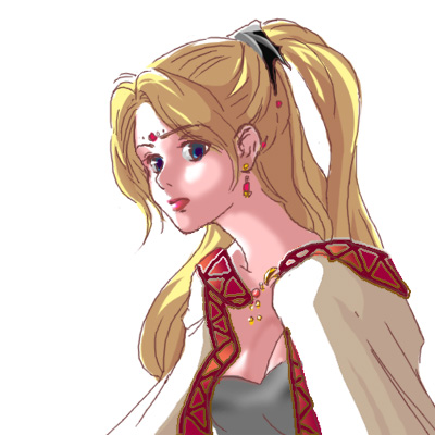 tentuyu, rosa farrell, final fantasy, final fantasy iv, lowres, 1990s (style), 1girl, blonde hair, blue eyes, breasts, female focus, high ponytail, ponytail, retro artstyle, simple background, solo