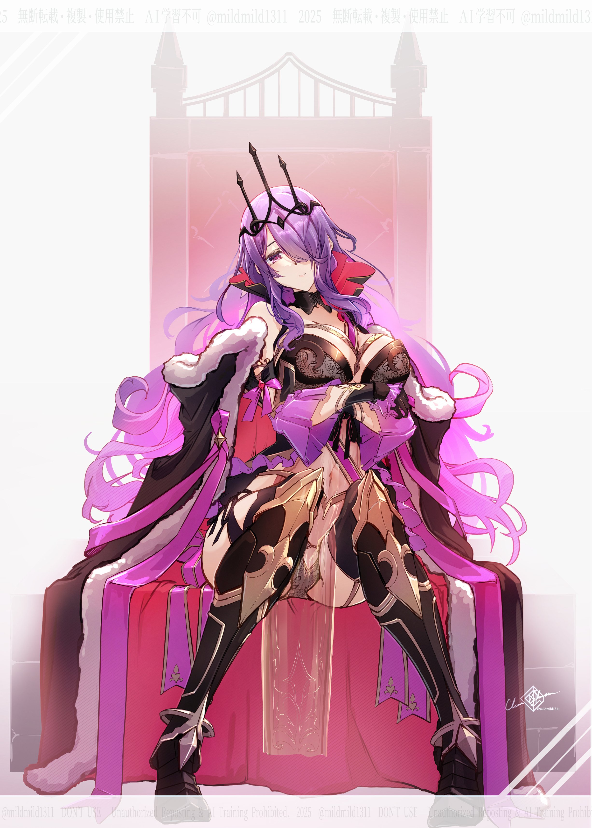 clear glass (mildmild1311), camilla (fire emblem), camilla (light of nohr) (fire emblem), fire emblem, fire emblem fates, fire emblem heroes, nintendo, absurdres, highres, 1girl, armor, black armor, black boots, black gloves, black panties, black tiara, boots, breasts, cape, cleavage, closed mouth, crown, full body, fur-trimmed cape, fur trim, gloves, hair ornament, hair over one eye, large breasts, long hair, looking at viewer, navel, official alternate costume, panties, pelvic curtain, purple eyes, purple hair, see-through clothes, simple background, sitting, sitting on throne, smile, solo, stomach, thigh boots, throne, tiara, underwear, very long hair, wavy hair