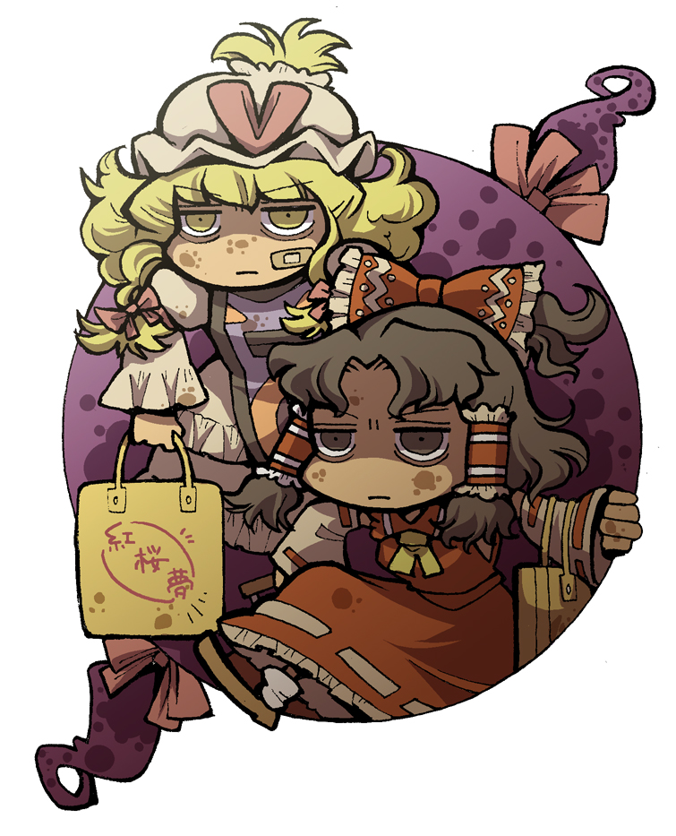 hounori, hakurei reimu, yakumo yukari, touhou, translated, 2girls, bags under eyes, chinese text, female focus, multiple girls