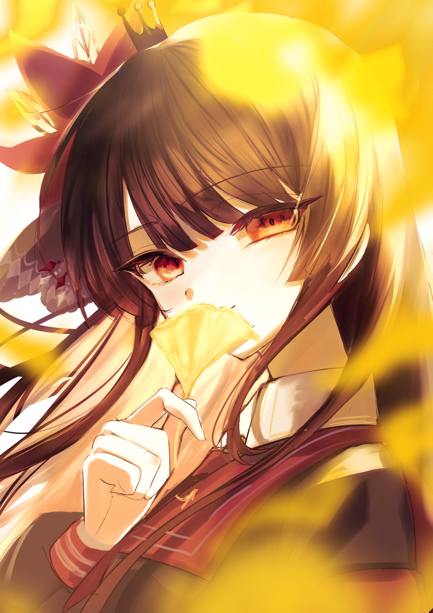 nikaidou hiro, mahou shoujo no majo saiban, commentary request, highres, 1girl, atoneko, autumn leaves, black hair, blurry, blurry foreground, covering own mouth, crown, flower, hair flower, hair ornament, hand up, holding, holding leaf, leaf, long hair, long sleeves, looking at viewer, magical girl, red eyes, red flower, red sailor collar, sailor collar, solo, upper body