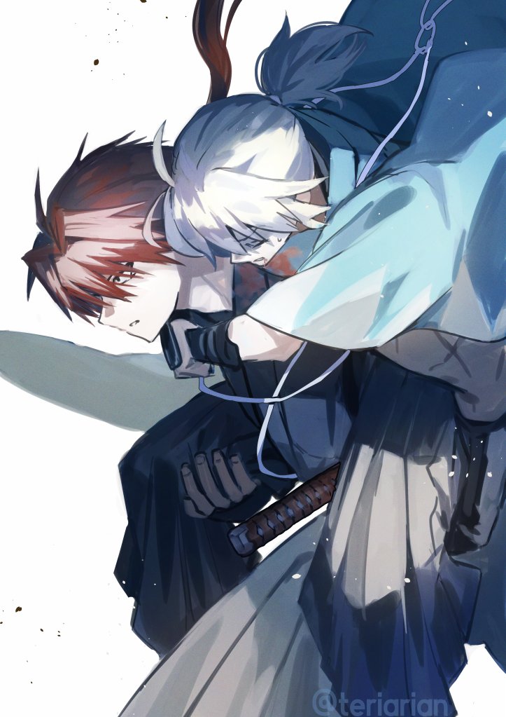 teria (teriarian), okita souji (fate), fate/grand order, fate (series), 1boy, 1girl, black eyes, blood, blood on face, blue haori, carrying, closed eyes, hakama, haori, harada sanosuke (fate), japanese clothes, katana, kimono, long hair, piggyback, ponytail, red hair, shinsengumi, sweatdrop, sword, weapon, white background