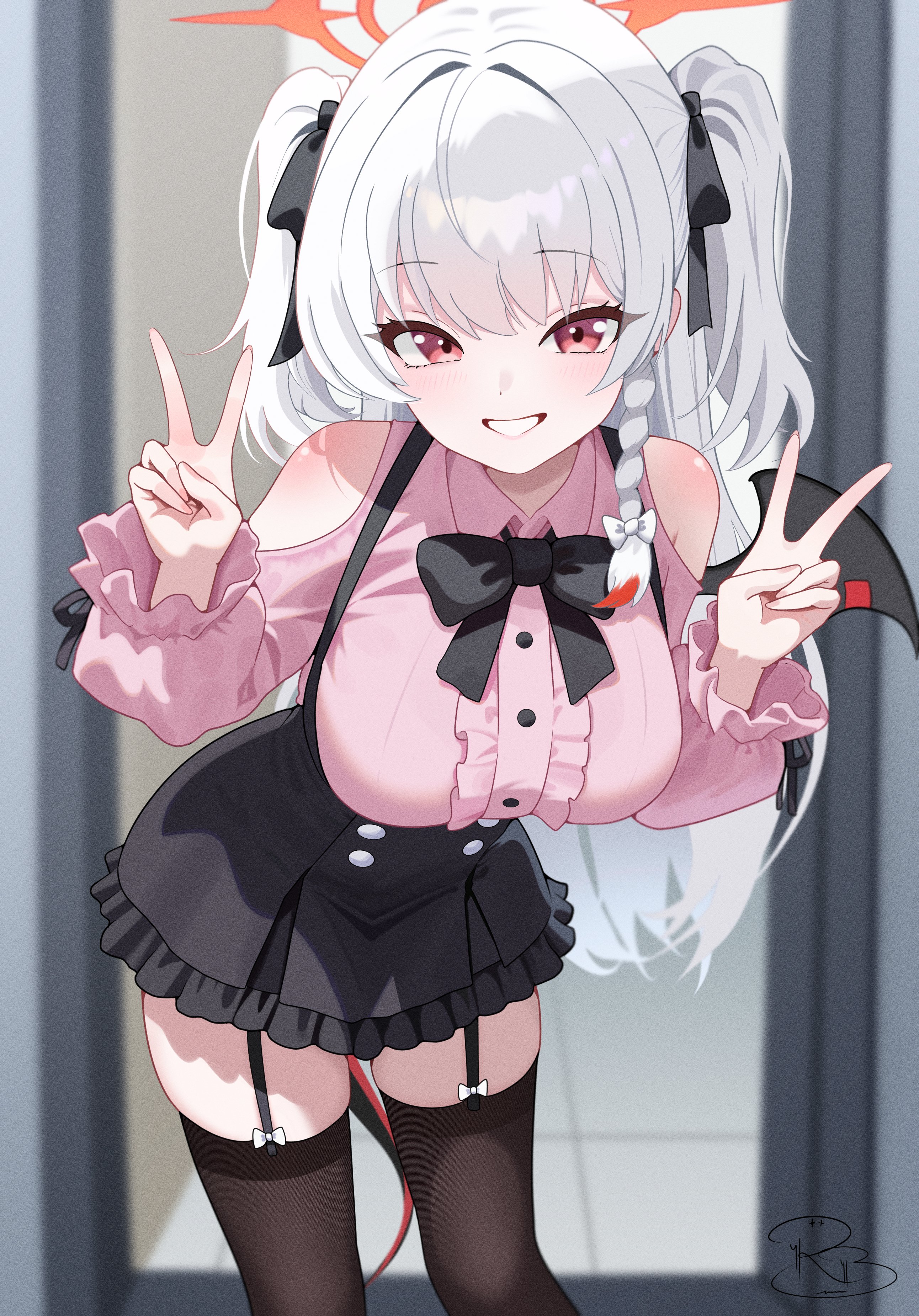 royalbunny003, haruna (blue archive), blue archive, absurdres, highres, 1girl, alternate costume, alternate hairstyle, artist name, black bow, black bowtie, black skirt, black tail, black thighhighs, black wings, blurry, bow, bowtie, breasts, center frills, clothing cutout, double v, fake wings, frilled skirt, frills, garter straps, grey shirt, hair ribbon, halo, jirai kei, large breasts, long hair, looking at viewer, puffy sleeves, red eyes, red halo, ribbon, shirt, shoulder cutout, signature, single wing, skirt, smile, solo, thighhighs, two side up, v, white hair, wings