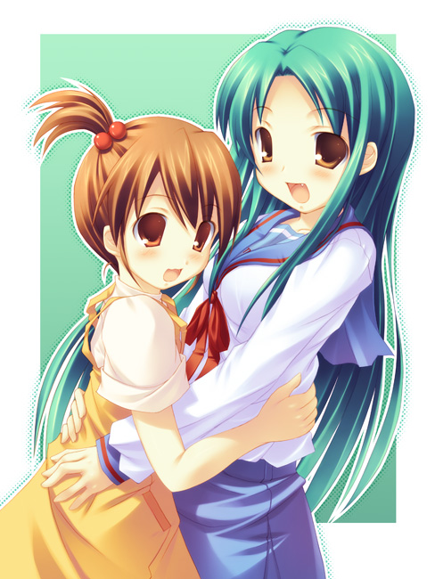 fujiwara juuya (artist), fujiwara tooya, kyon no imouto, tsuruya, suzumiya haruhi no yuuutsu, 00s, 2girls, fang, hair bobbles, hair ornament, hug, long hair, multiple girls, parted bangs, school uniform, serafuku, very long hair