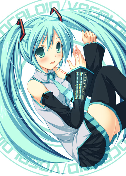 fujiwara juuya (artist), fujiwara tooya, hatsune miku, vocaloid, 1girl, bare shoulders, blush, detached sleeves, female focus, solo, thighhighs, twintails, zettai ryouiki
