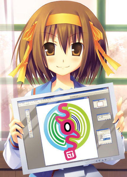 fujiwara juuya (artist), fujiwara tooya, suzumiya haruhi, suzumiya haruhi no yuuutsu, 00s, 1girl, computer, female focus, hair ribbon, ribbon, school uniform, serafuku, short hair, solo, sos-dan logo