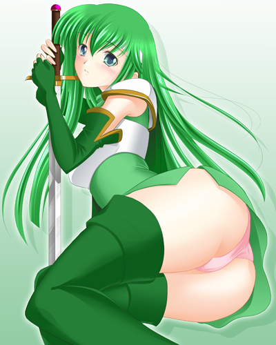 eiji (mystique), palla (fire emblem), fire emblem, fire emblem: mystery of the emblem, fire emblem: shadow dragon, fire emblem gaiden, nintendo, pegasus knight uniform (fire emblem), lowres, 1girl, armor, armored dress, ass, blue eyes, boots, dress, elbow gloves, female focus, fingerless gloves, gloves, green boots, green eyes, green hair, green skirt, long hair, matching hair/eyes, panties, pantyshot, pink panties, skirt, solo, sword, thigh boots, thighhighs, underwear, weapon