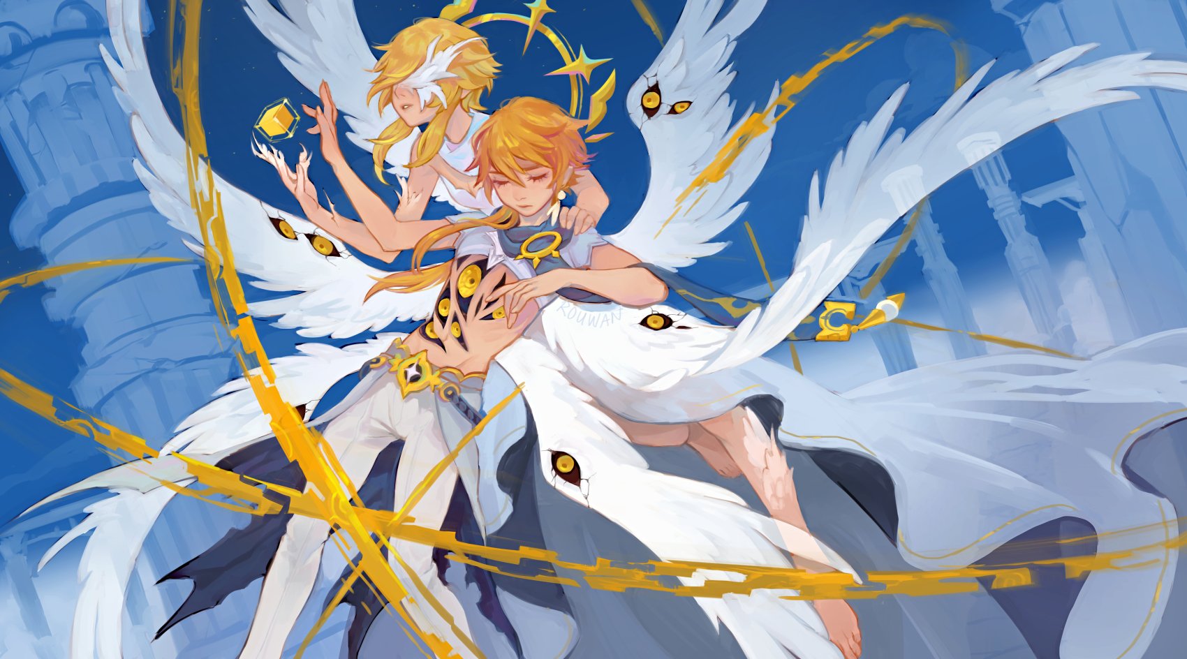 rouwan, aether (genshin impact), lumine (genshin impact), genshin impact, highres, 1boy, 1girl, alternate costume, angel wings, barefoot, biblically accurate angel, blonde hair, blue scarf, closed eyes, closed mouth, dress, earrings, extra eyes, jewelry, long hair, multiple wings, pants, parted lips, scarf, short hair, short sleeves, sidelocks, white dress, white pants, wings