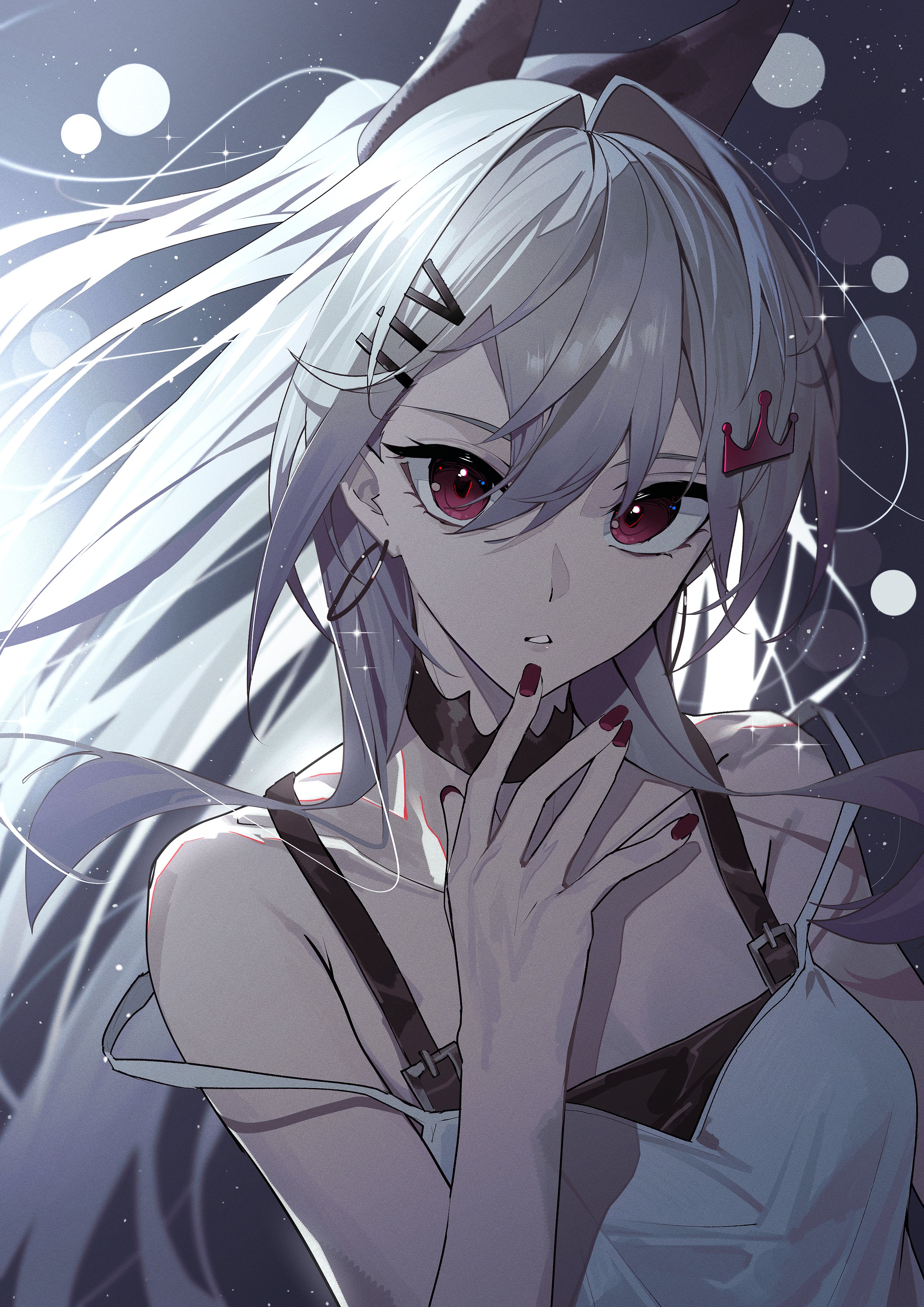 panda 0035, isaki riona, hololive, hololive dev is, absurdres, hashtag-only commentary, highres, 1girl, black choker, breasts, choker, crown hair ornament, fingernails, grey hair, hair between eyes, hair ornament, hairclip, layered shirt, long hair, looking at viewer, nail polish, parted lips, rabbit bow, red eyes, red nails, sleeveless, solo, strap slip, virtual youtuber