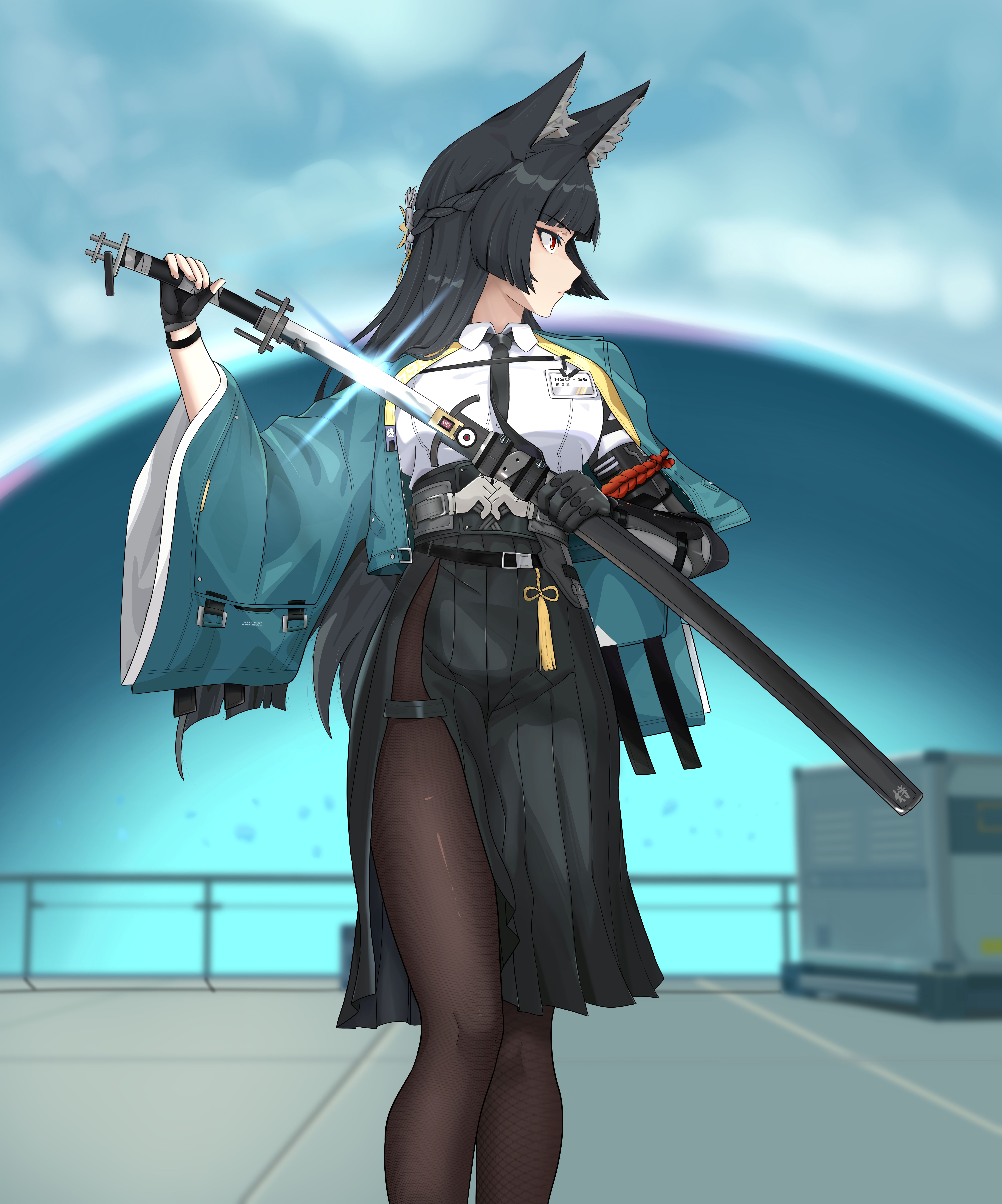 ir who, hoshimi miyabi, zenless zone zero, absurdres, clip studio paint (medium), highres, 1girl, animal ears, black gloves, black hair, black skirt, blunt bangs, brown pantyhose, fingerless gloves, fox ears, gloves, holding, holding sword, holding weapon, katana, long hair, long sleeves, pantyhose, pleated skirt, profile, red eyes, shirt, side slit, skirt, solo, standing, sword, weapon, white shirt, wide sleeves