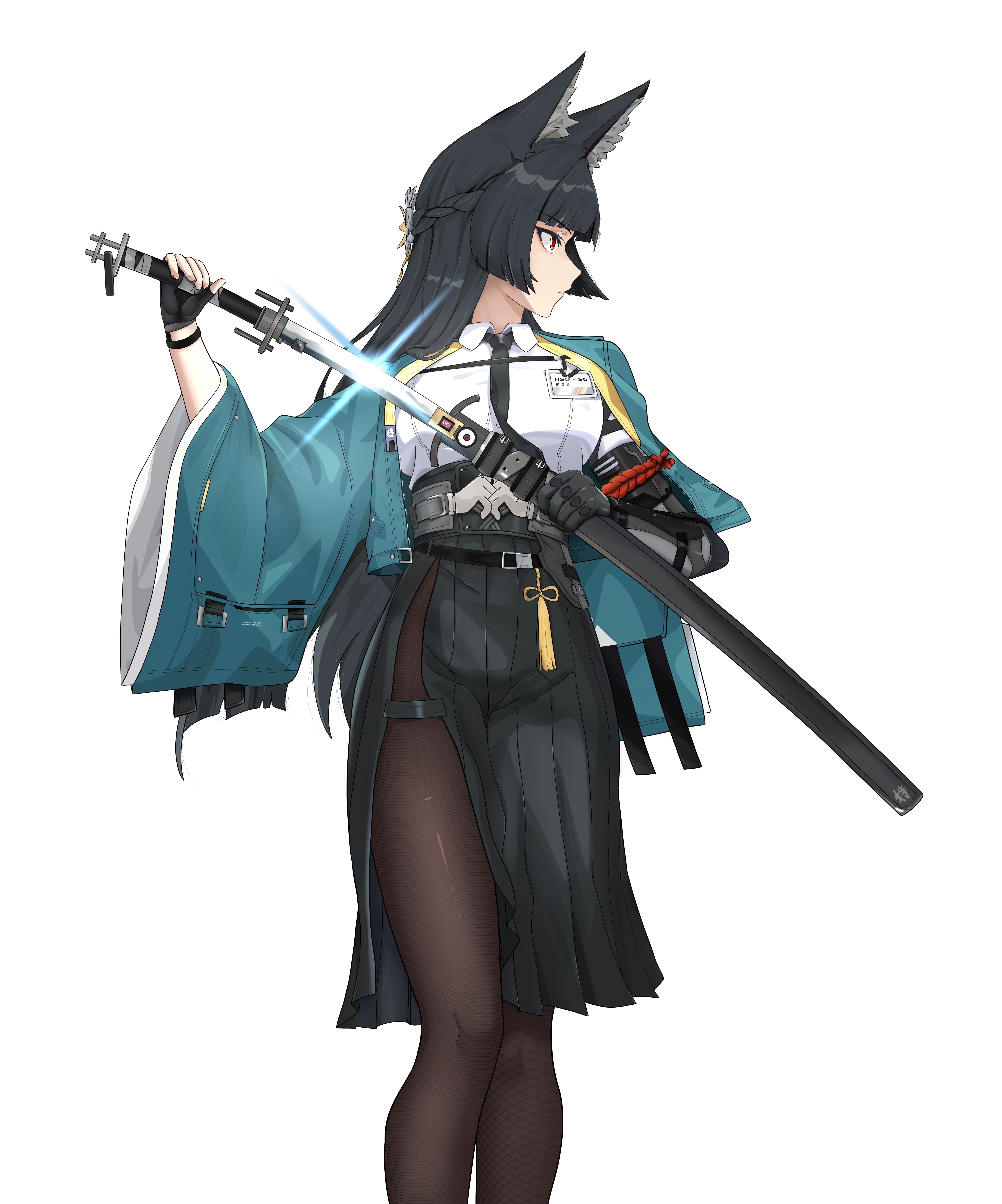 ir who, hoshimi miyabi, zenless zone zero, absurdres, clip studio paint (medium), highres, 1girl, animal ears, black gloves, black hair, black skirt, blunt bangs, brown pantyhose, fingerless gloves, fox ears, gloves, holding, holding sword, holding weapon, katana, long hair, long sleeves, pantyhose, pleated skirt, profile, red eyes, shirt, side slit, simple background, skirt, solo, standing, sword, weapon, white background, white shirt, wide sleeves