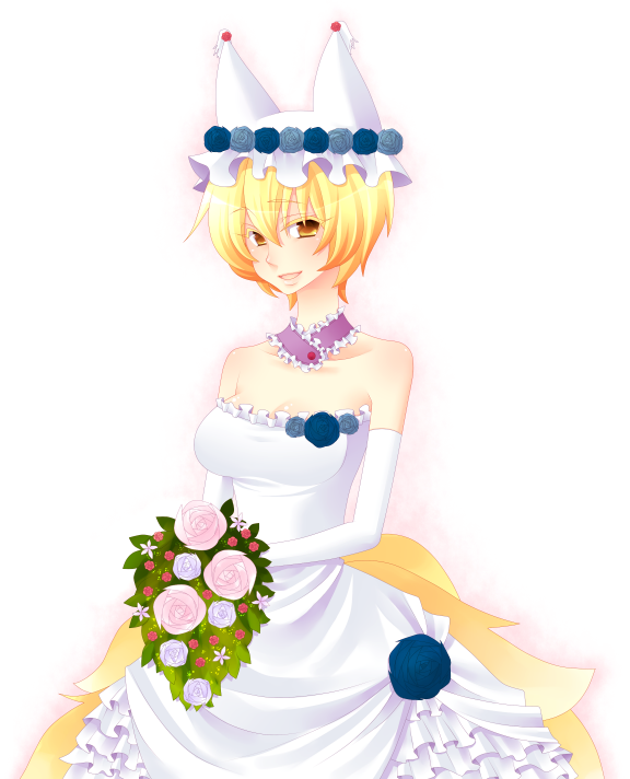 kiri futoshi, yakumo ran, touhou, bad id, bad pixiv id, 1girl, animal ears, animal hat, blonde hair, bride, brooch, detached collar, dress, female focus, flower, flower brooch, fox ears, fox tail, hat, mob cap, short hair, solo, tail, tassel, wedding dress, white background