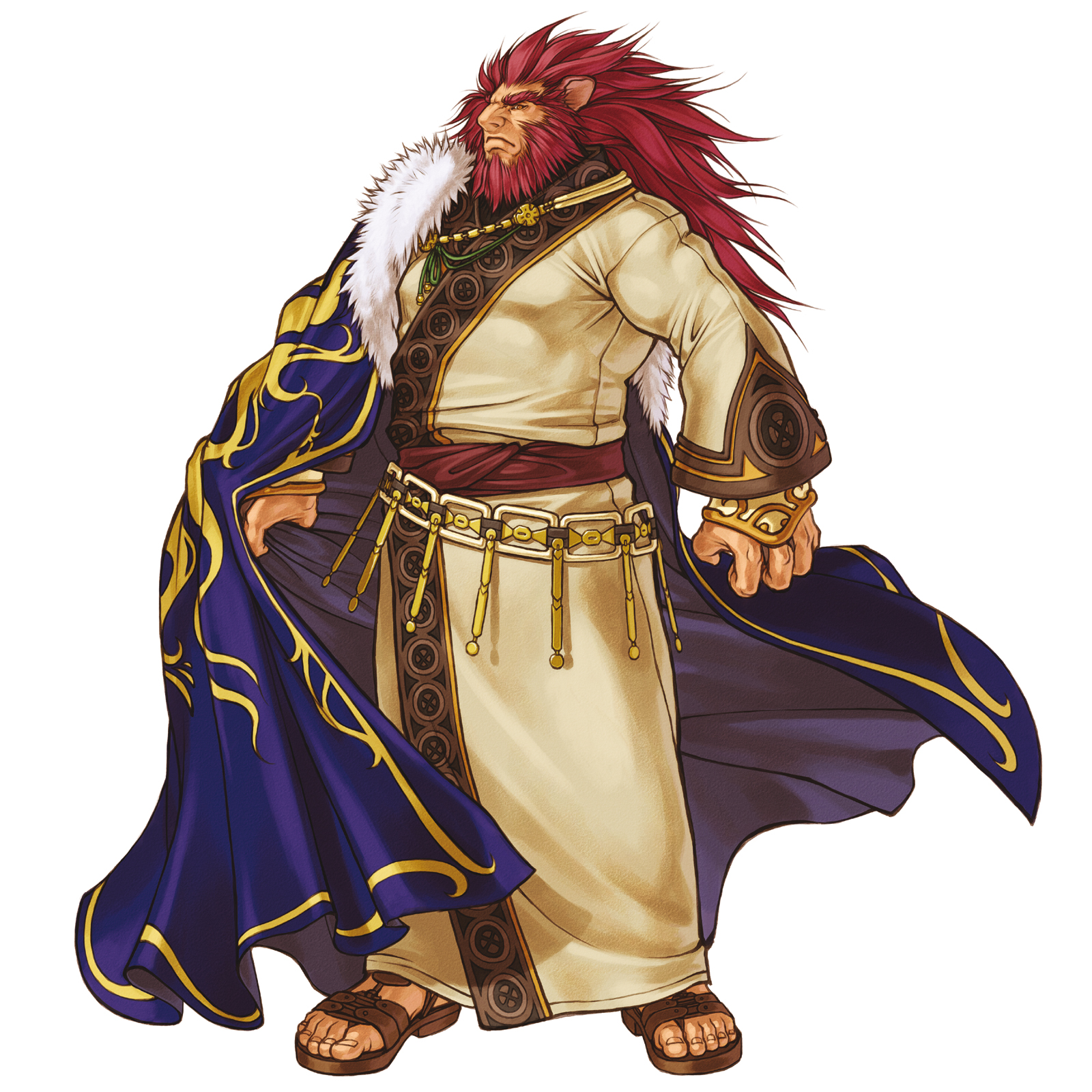 kita senri, caineghis (fire emblem), laguz (fire emblem), fire emblem, fire emblem: path of radiance, fire emblem: radiant dawn, nintendo, highres, official art, long hair, male focus, orange eyes, red hair, sandals, simple background, solo, white background