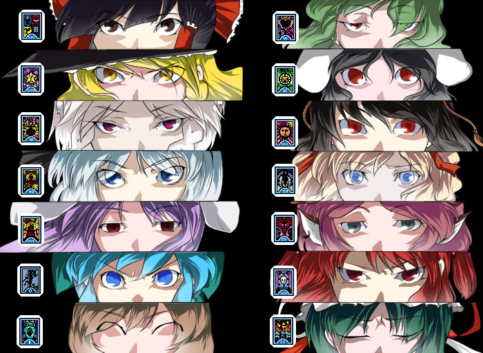 mkz, alice margatroid, cirno, hakurei reimu, inaba tewi, izayoi sakuya, kazami yuuka, kirisame marisa, konpaku youmu, lyrica prismriver, medicine melancholy, mystia lorelei, onozuka komachi, reisen udongein inaba, shameimaru aya, shiki eiki, atlus, persona, persona 3, phantasmagoria of flower view, touhou, bad id, bad pixiv id, 6+girls, ^ ^, animal ears, black hair, blonde hair, blue eyes, blue hair, bow, brown hair, card (medium), closed eyes, column lineup, cut-in, female focus, green hair, hat, multiple girls, persona eyes, rabbit ears, red eyes, red hair, tarot, tarot (medium), witch hat, yellow eyes