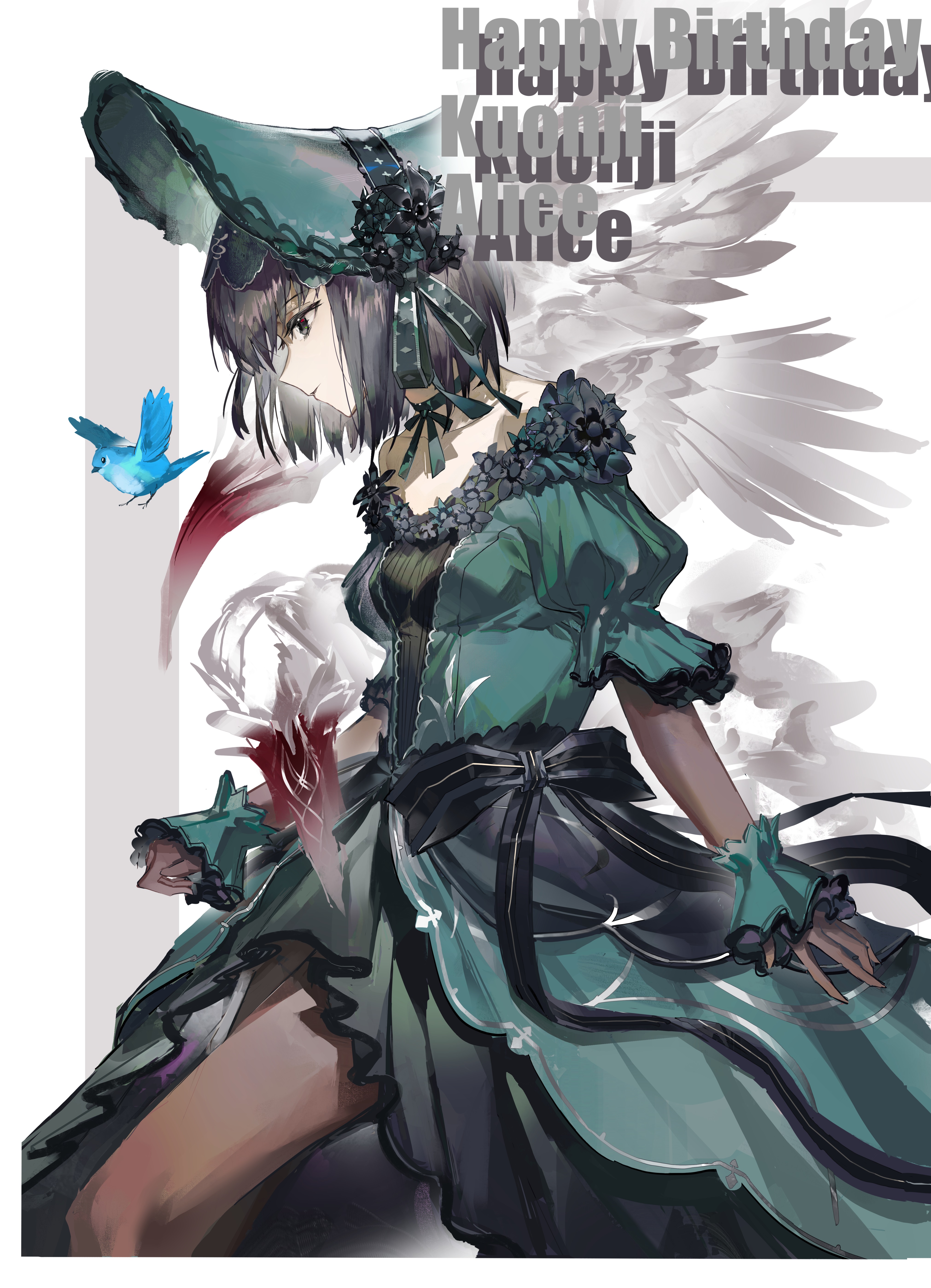 feijiu, kuonji alice, lost robin rondo, mahou tsukai no yoru, absurdres, highres, 1girl, bare shoulders, bird, black eyes, black hair, black skirt, bonnet, breasts, brown gloves, brown pantyhose, character name, choker, dress, elbow gloves, frills, gloves, grey dress, grey hat, hat, jewelry, long skirt, medium breasts, off shoulder, pantyhose, pendant, puffy short sleeves, puffy sleeves, short hair, short sleeves, silver trim, skirt, wrist cuffs