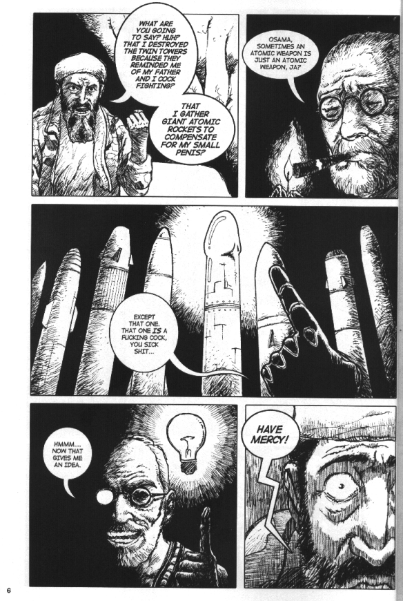 felipe sobreiro, osama bin laden, sigmund freud, the new adventures of sigmund freud, english, lightbulb, beard, cigar, comic, facial hair, glasses, left-to-right manga, light bulb, matches, missile, monochrome, smile, turban