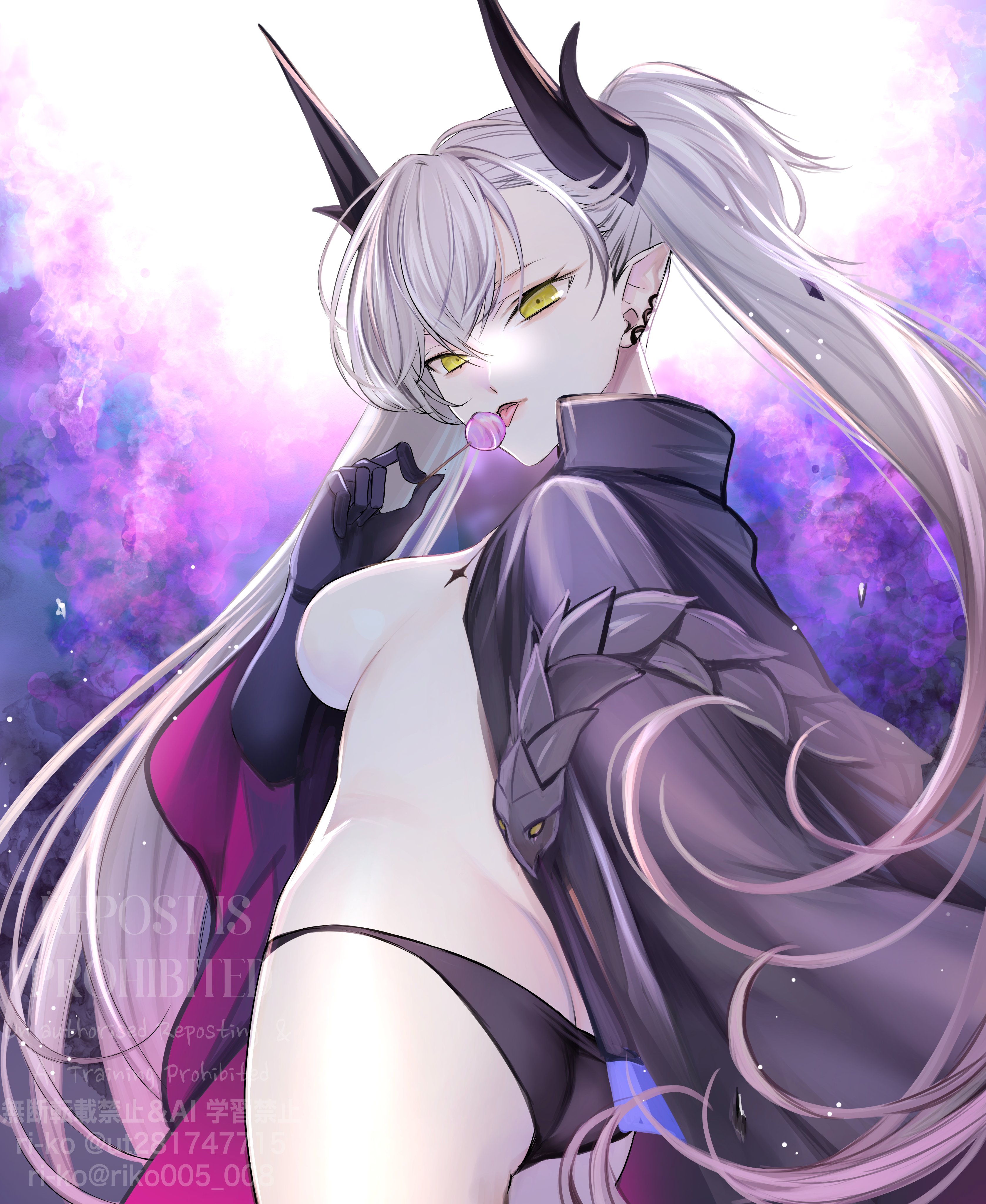 ri-ko, lilith (fate), lilith (second ascension) (fate), fate/grand order, fate (series), absurdres, highres, 1girl, ass, black cloak, black hands, black panties, body markings, breasts, candy, choker, cloak, colored extremities, crossed bangs, demon girl, demon horns, demon wings, ear piercing, food, green eyes, grey hair, hair between eyes, horns, lollipop, long hair, looking at viewer, looking back, medium breasts, panties, piercing, pointy ears, smile, solo, stomach tattoo, tattoo, thighs, tongue, tongue out, twintails, underwear, very long hair, wings