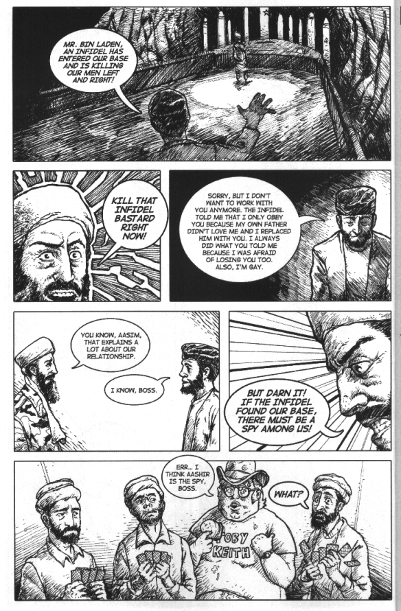 felipe sobreiro, osama bin laden, sigmund freud, the new adventures of sigmund freud, english, beard, card, comic, cowboy hat, facial hair, hat, monochrome, playing card, terrorist, turban