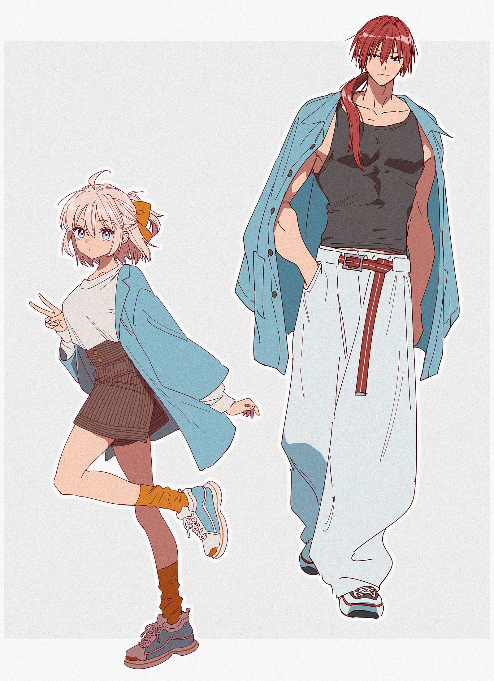 uni (nico02), okita souji (fate), fate/grand order, fate (series), highres, 1boy, 1girl, ahoge, belt, black eyes, blonde hair, blue eyes, bow, full body, grey background, hair bow, hand in pocket, harada sanosuke (fate), jacket, jacket on shoulders, long hair, pants, red hair, shirt, shoes, short hair, shorts, simple background, sleeveless, sleeveless shirt, smile, sneakers, socks, v
