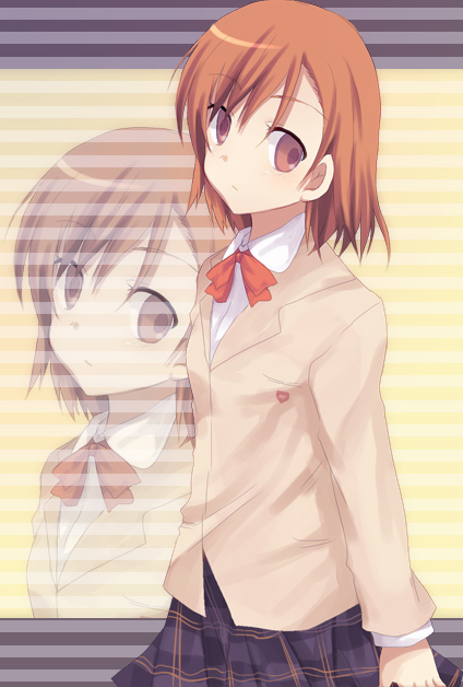 amanekuro, misaka imouto, toaru majutsu no index, bad id, bad pixiv id, 00s, blouse, brown hair, plaid clothes, plaid skirt, shirt, short hair, skirt, solo, swept bangs
