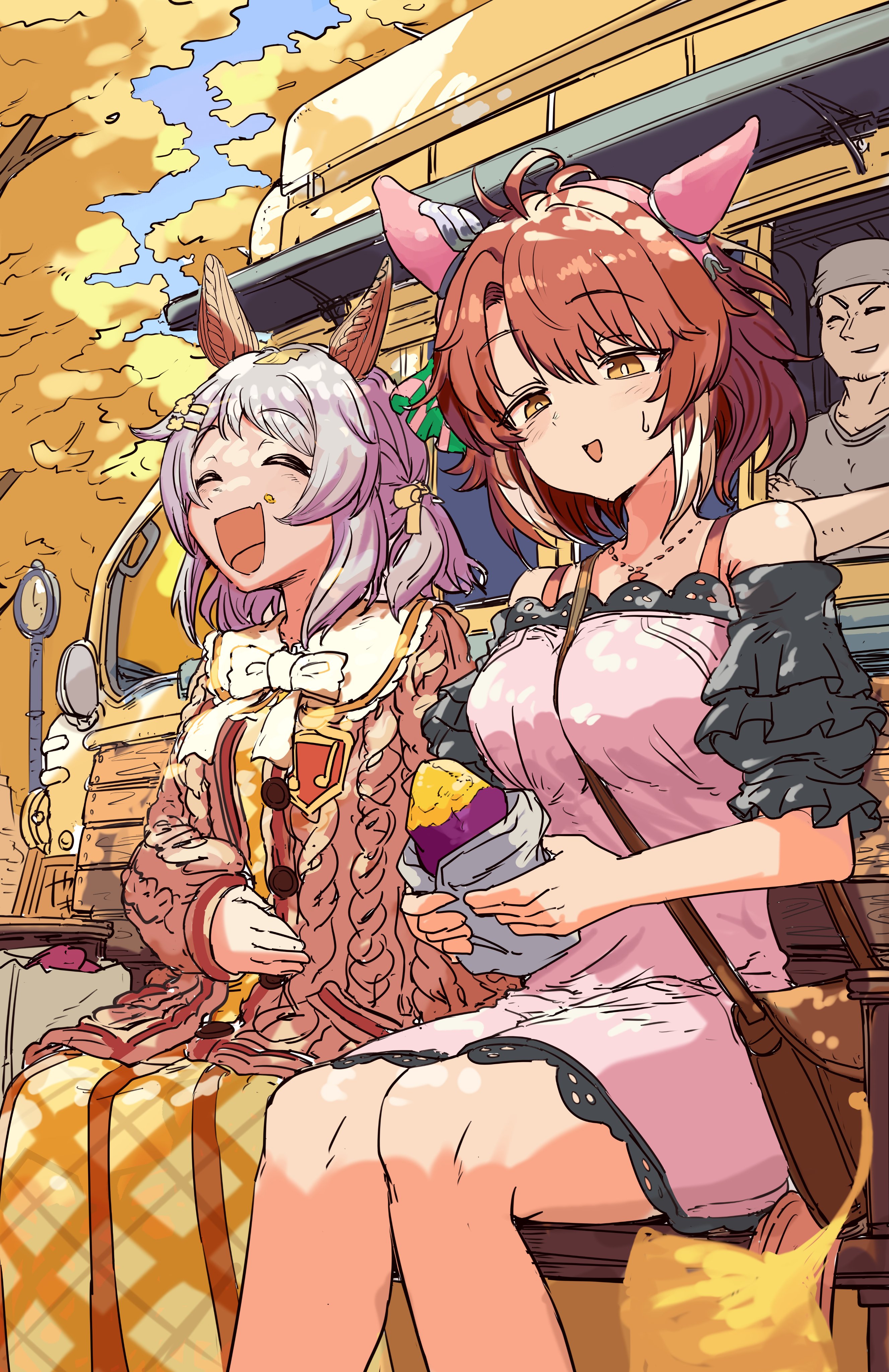 ishijimajirou, dantsu flame (umamusume), hishi miracle (umamusume), umamusume, umamusume: beginning of a new era, absurdres, highres, 1boy, ahoge, animal ears, blush, bow, breasts, brown eyes, brown hair, ear covers, ear ornament, ear ribbon, food, food truck, hair between eyes, hair ornament, holding, holding food, horse ears, horse girl, horse tail, large breasts, multicolored hair, multiple girls, open mouth, smile, sweet potato, tail, white hair