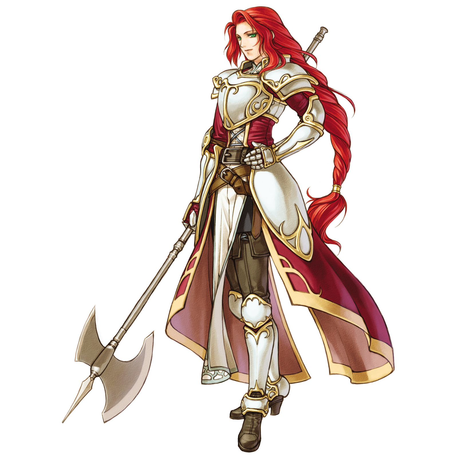 kita senri, titania (fire emblem), fire emblem, fire emblem: path of radiance, nintendo, highres, official art, 1girl, armor, axe, battle axe, belt, boots, braid, female focus, green eyes, huge weapon, long hair, polearm, red hair, simple background, single braid, solo, warrior, weapon, white background