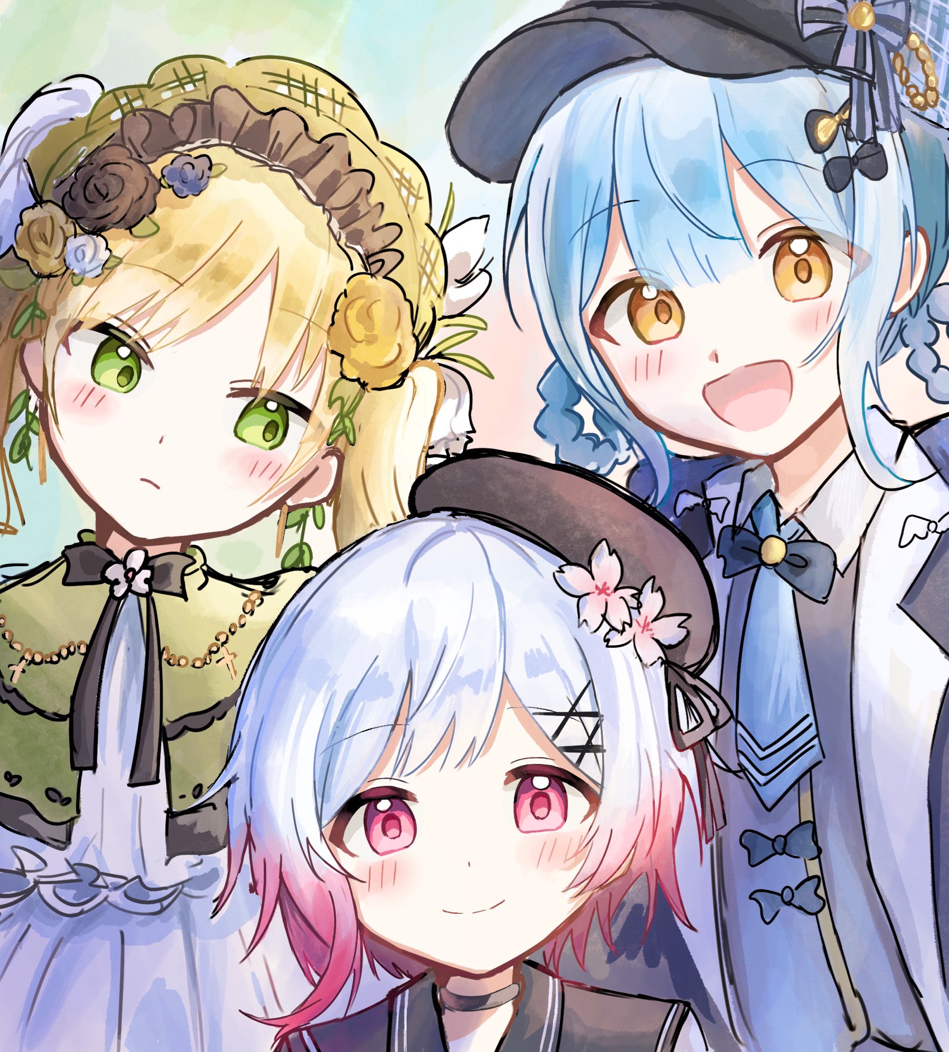 sakuraba ema, tachibana sherry, toono hanna, mahou shoujo no majo saiban, highres, 3girls, beret, black flower, black hat, black rose, blonde hair, blue hair, blush, braid, braided hair rings, cherry blossoms, deerstalker, flower, gradient hair, green eyes, hair flower, hair ornament, hair rings, hat, long hair, looking at another, looking at viewer, magical girl, multicolored hair, multiple girls, open mouth, pink eyes, pink hair, rose, rumuta, short hair, smile, twintails, white flower, white hair, white rose, x hair ornament, yellow eyes, yellow flower, yellow rose